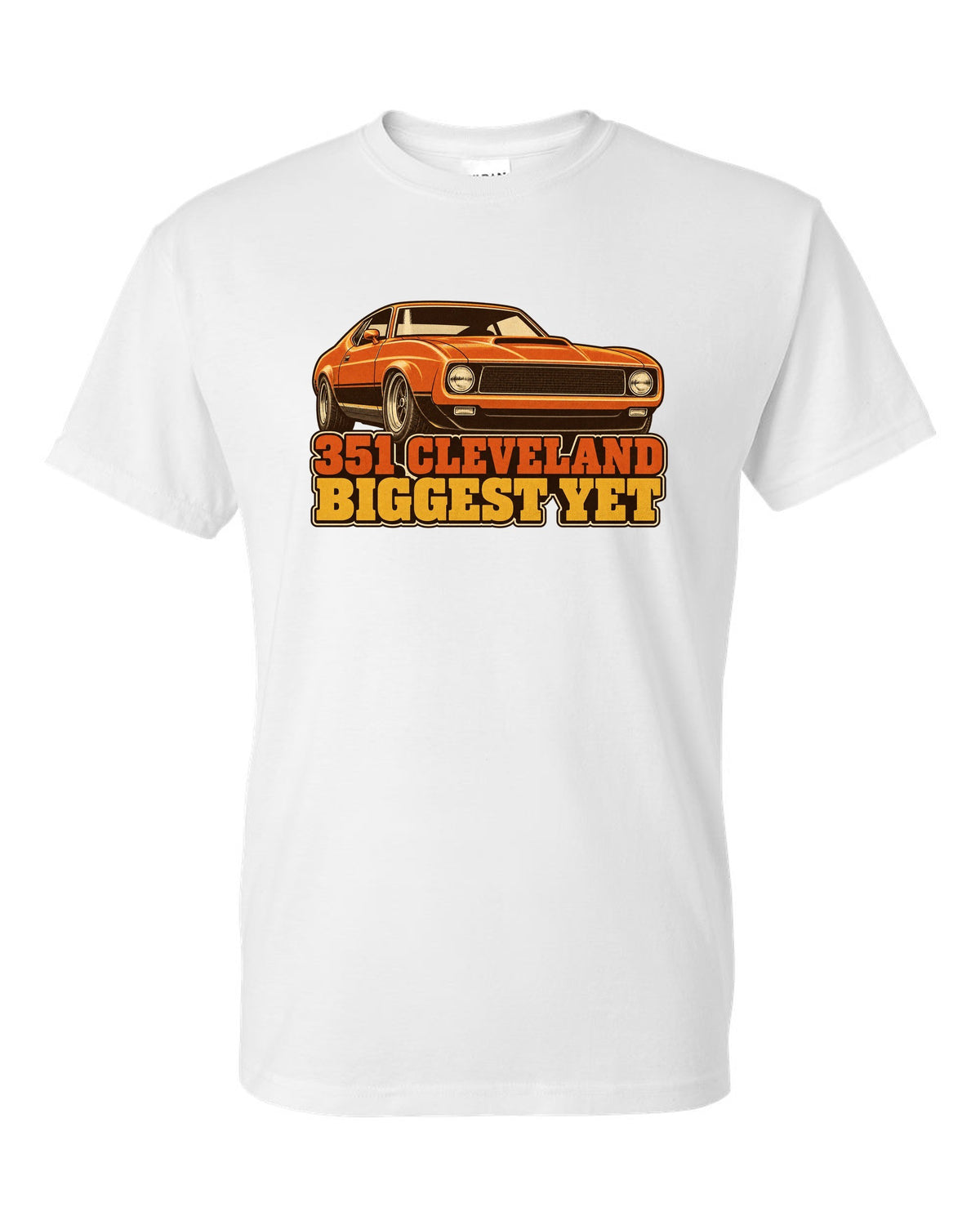 Vintage 70s race poster print of a 1971 Ford Mustang fastback with 351 Cleveland text white t-shirt front view with the design