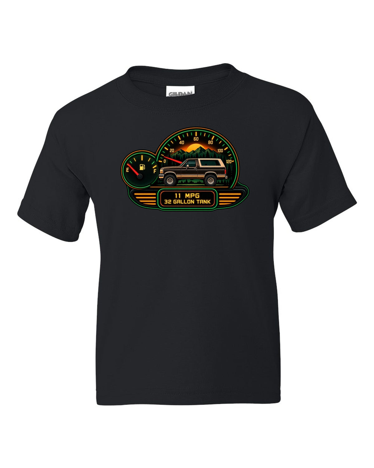 Gauge-cluster HUD style art of a 1987-91 Ford Bronco Brick-Nose dash with 11 MPG 32 GALLON TANK readouts black kids tee front view with the design