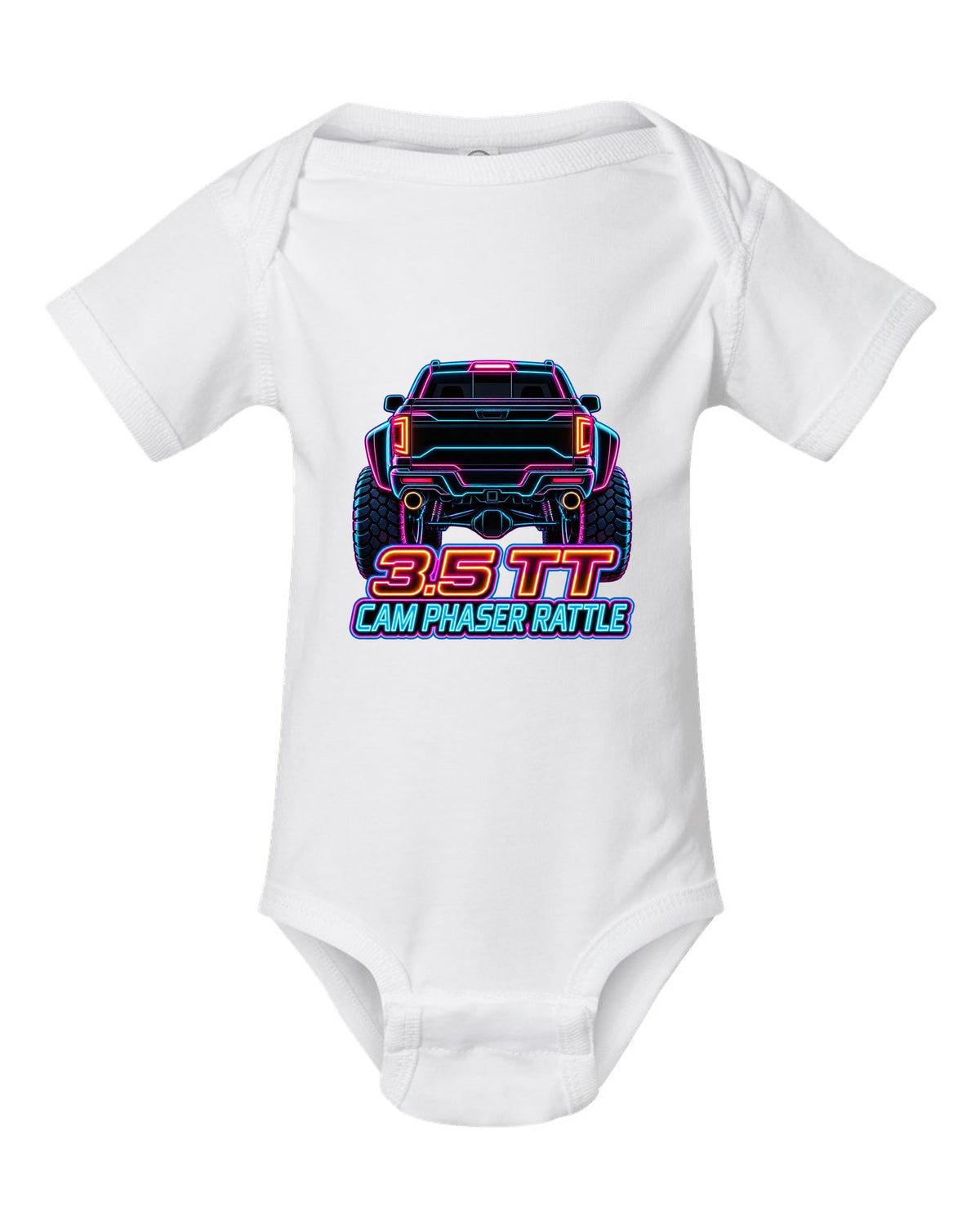 Neon outline print of a 2017-2020 Ford F-150 Raptor Gen 2 P552 taillights on black white baby onesie front view with the design