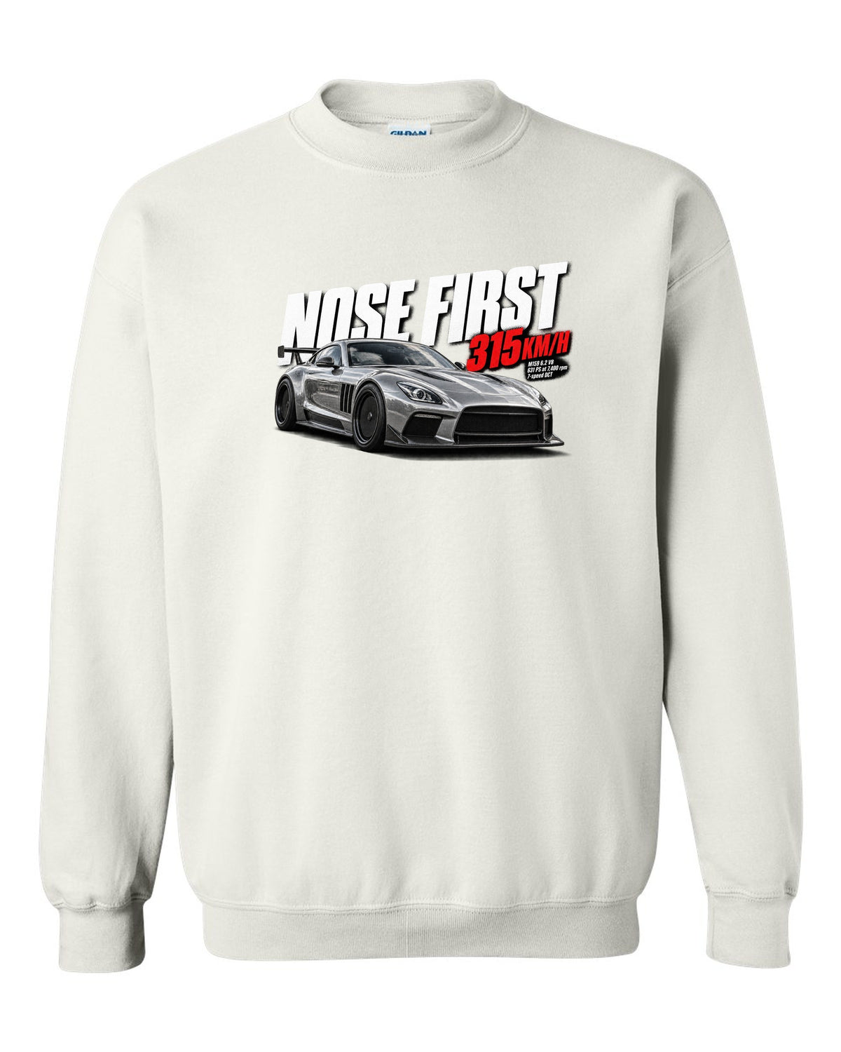 Halftone print of a Mercedes SLS AMG Black Series C197 with Nose First 315 km/h lettering white crewneck front view with the design