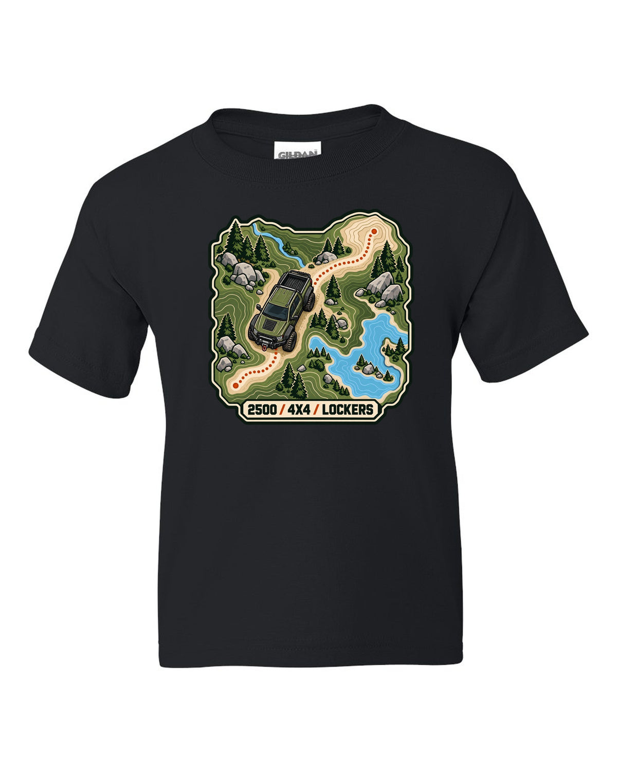 Topographic route map line art print of a Ram Power Wagon 2500 with 4x4 lockers text black kids tee front view with the design