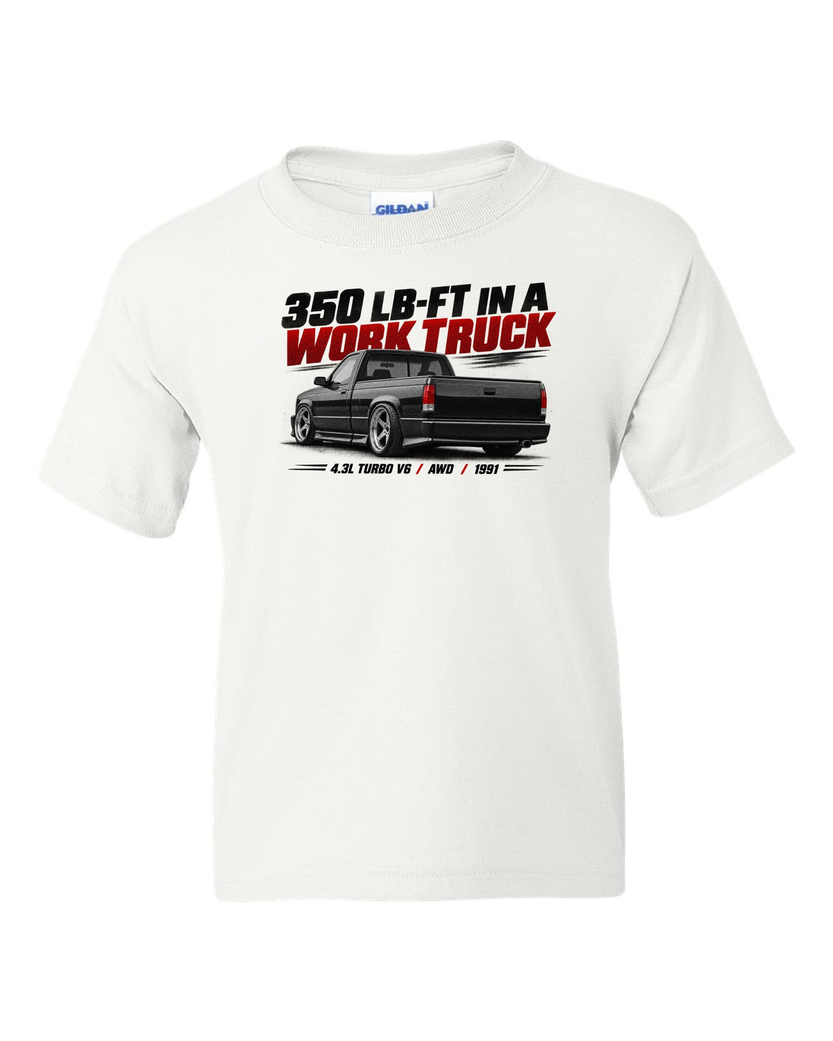 Halftone print of a 1991 GMC Syclone in a low rear three-quarter view white kids tee front view with the design