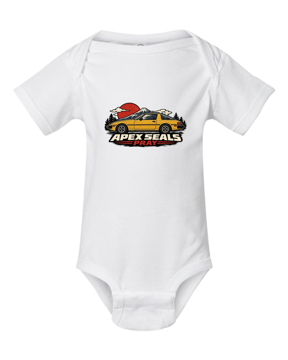 Mazda RX-7 SA22C Linocut Side Profile white baby onesie front view with the design