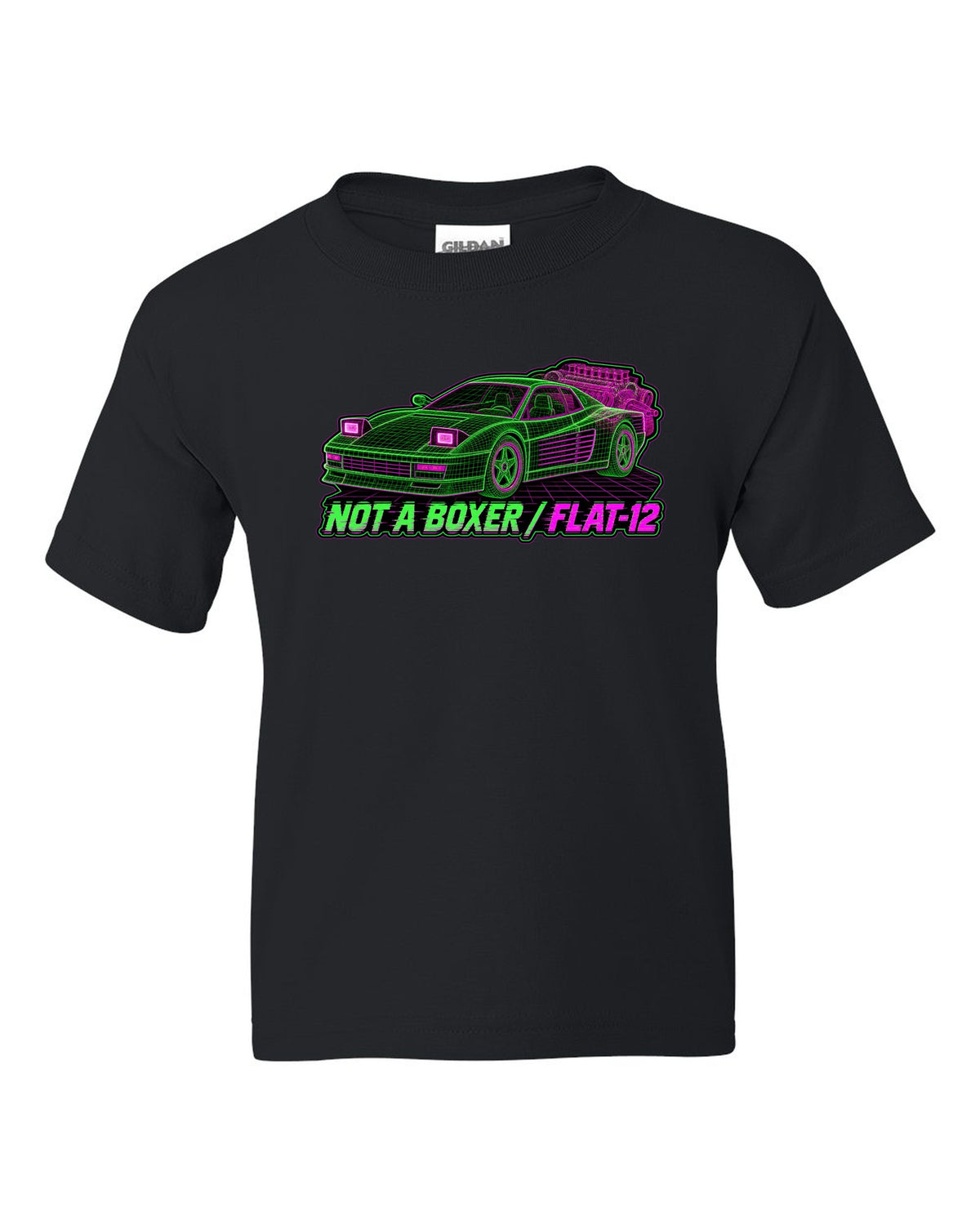 Wireframe mesh print of the Ferrari Testarossa F110 with the text not a boxer, flat-12 black kids tee front view with the design