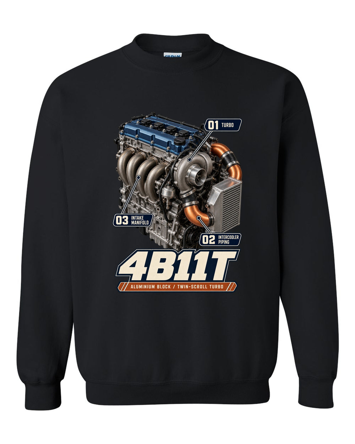 Mitsubishi Lancer Evolution X 4B11T engine bay poster print black crewneck front view with the design