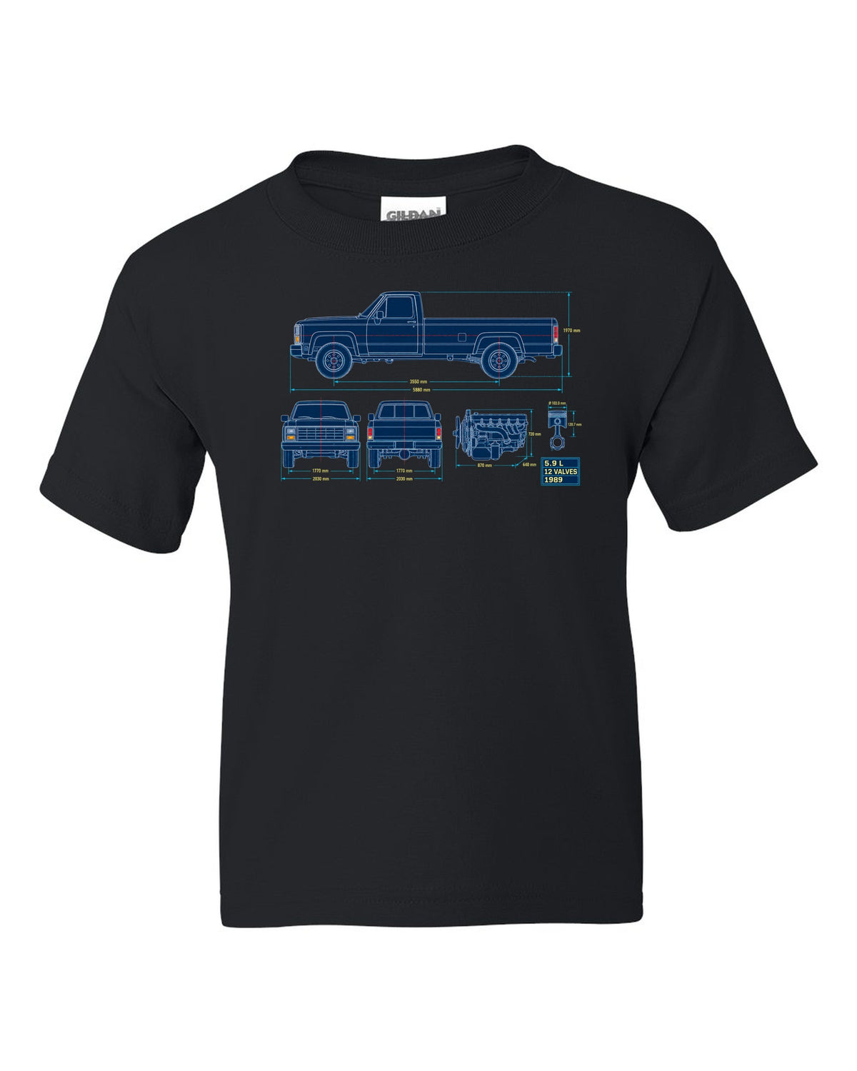 Blueprint line art print of a 1989-1993 Dodge Ram D250 Cummins with 5.9 L and 12 valves black kids tee front view with the design
