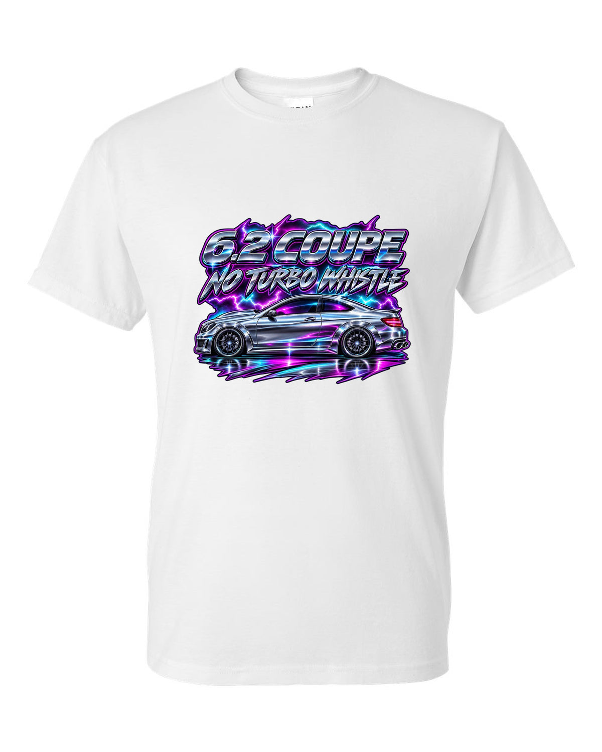 80s chrome airbrush print of a Mercedes C63 Coupe C204 white t-shirt front view with the design