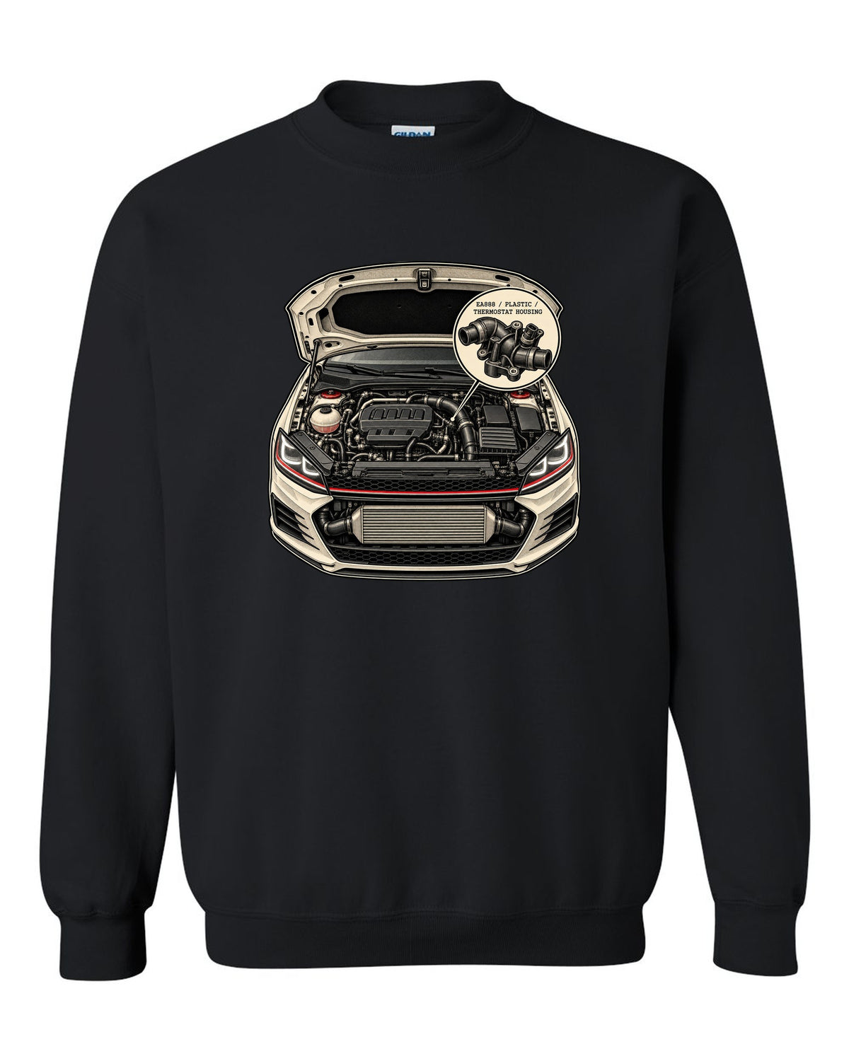 Patent line art of a VW Golf Mk7 GTI engine bay labelled EA888 plastic thermostat housing black crewneck front view with the design