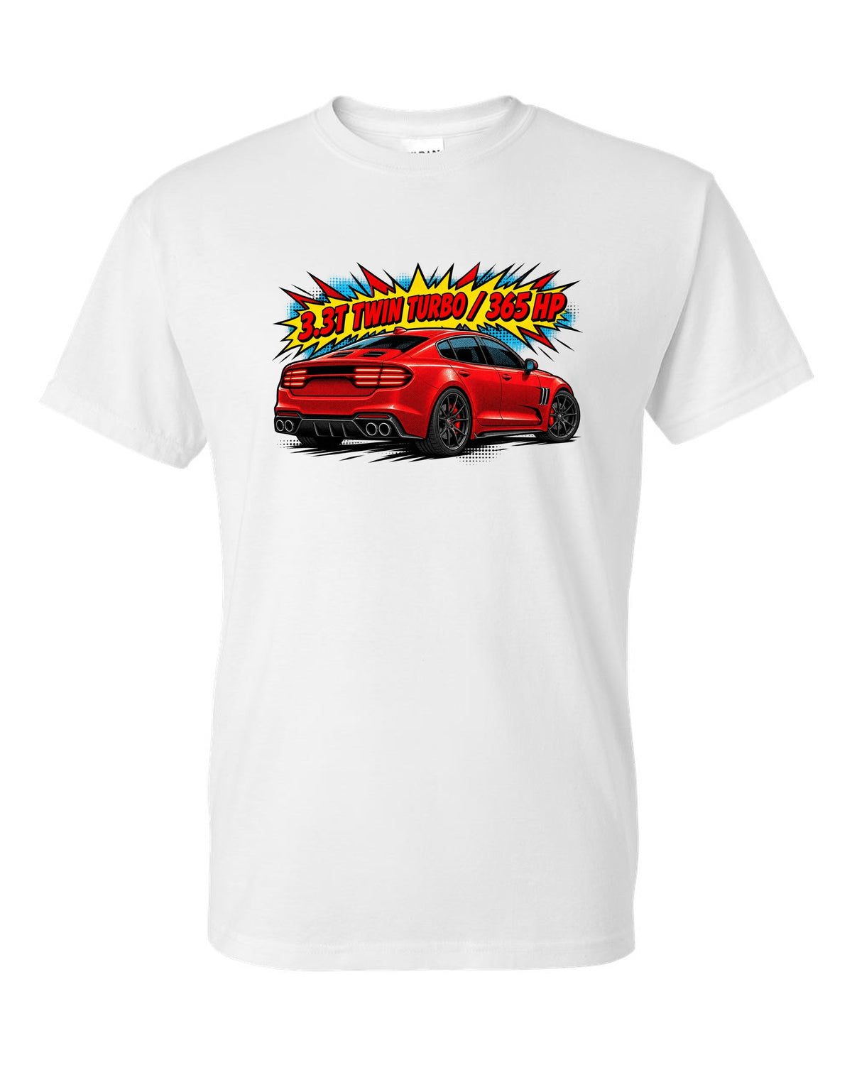 Comic halftone print of a Kia Stinger GT CK rear with 3.3T twin turbo 365 HP text white t-shirt front view with the design