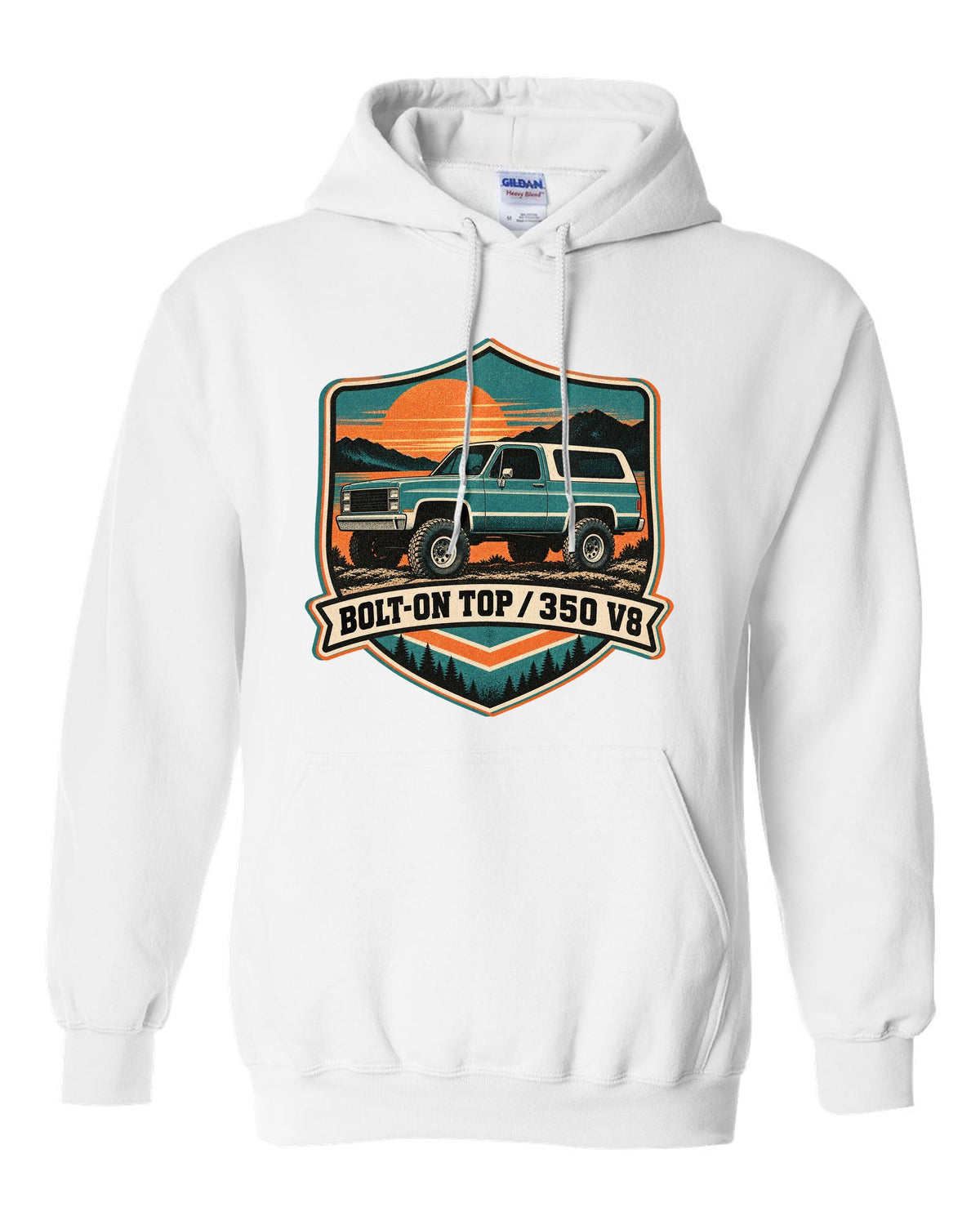 Risograph-style sunset print of a 1973-91 Chevrolet K5 Blazer with BOLT-ON TOP and 350 V8 text white pull over hoodie front view with the design