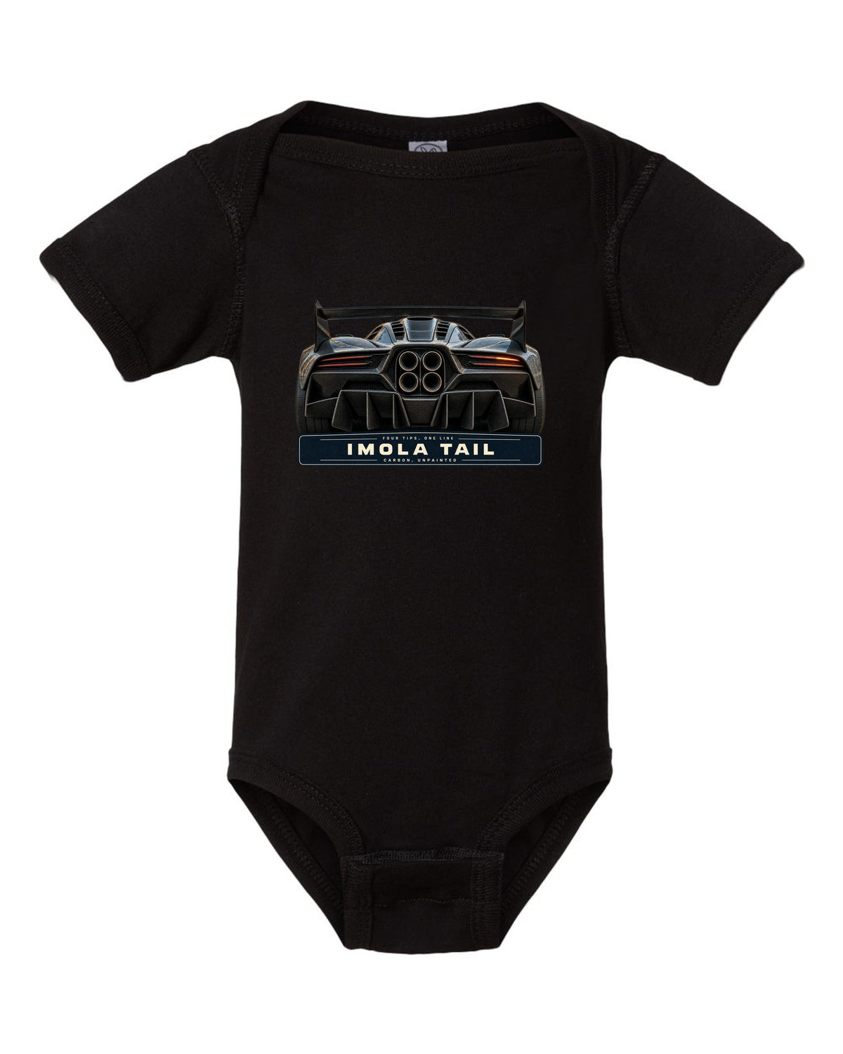 Taillight macro print of the Pagani Huayra Imola with the text four tips, one line, Imola tail, carbon, unpainted black baby onesie front view with the design