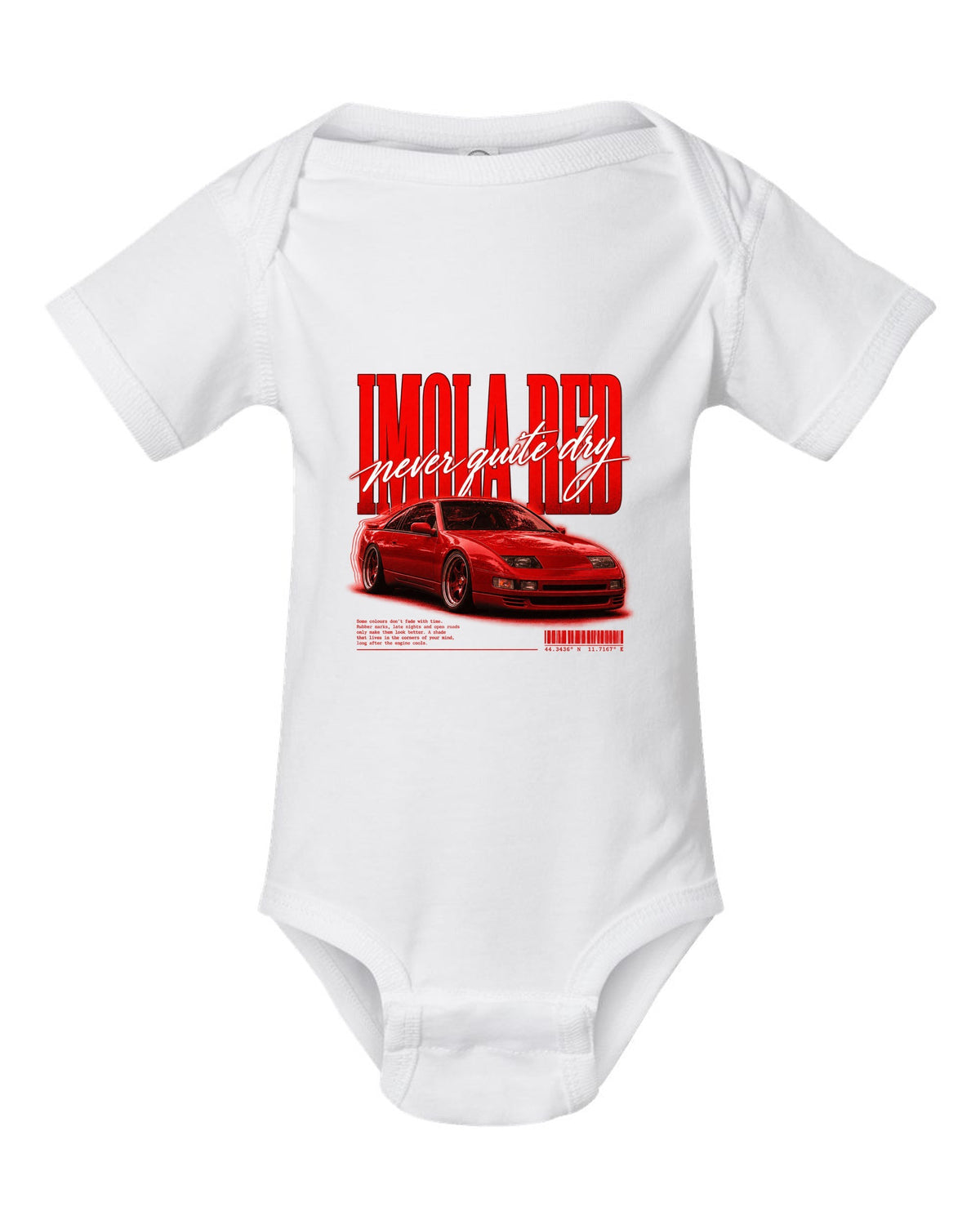 BMW E36 M3 coupe Imola Red street poster print with never quite dry text white baby onesie front view with the design