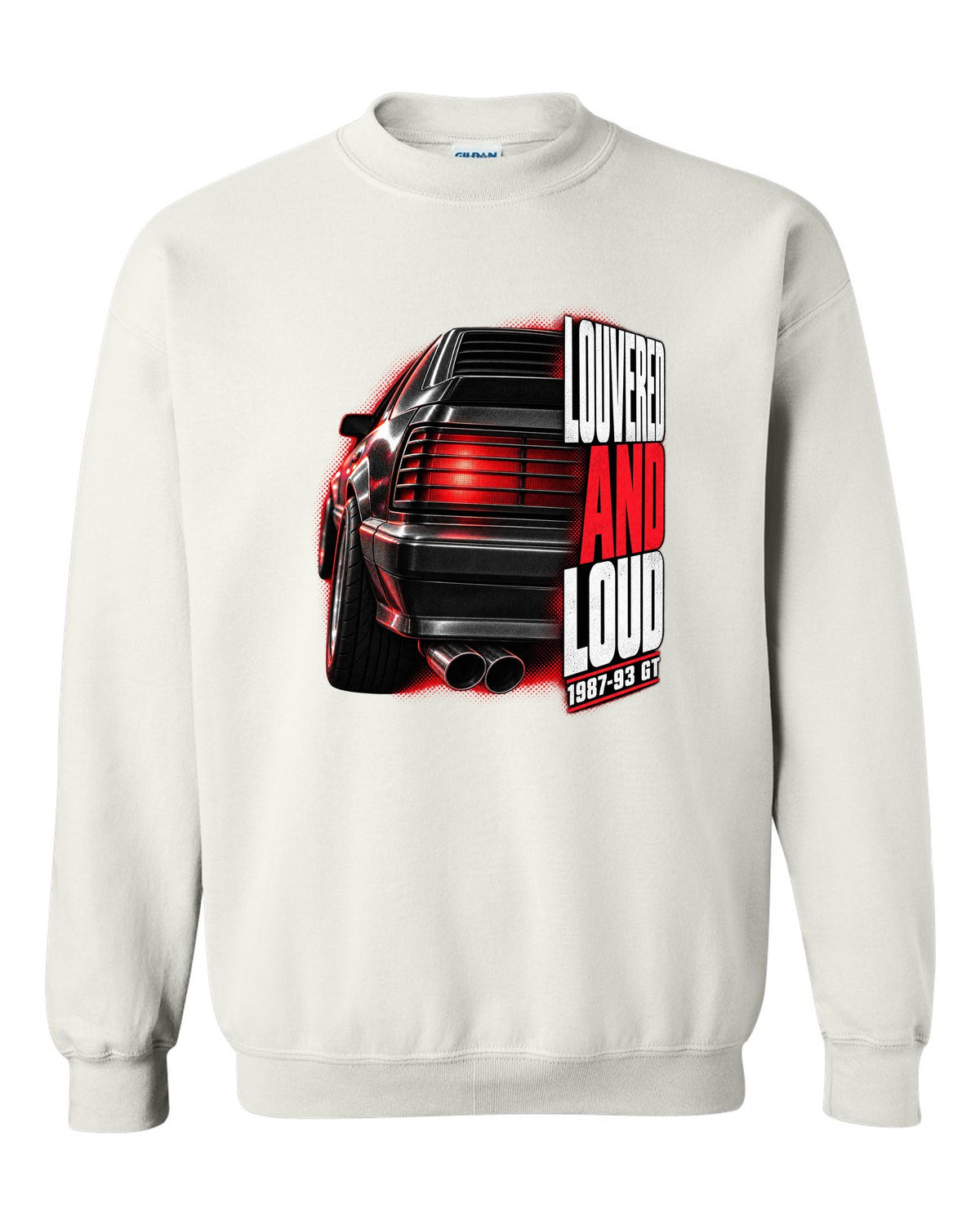 Macro print of a Ford Mustang Fox Body GT louvered taillight, 1987-93 white crewneck front view with the design