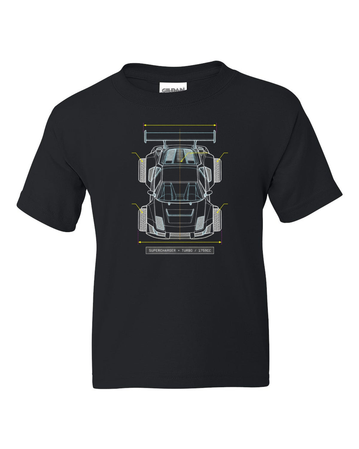 Overhead blueprint line drawing of a Lancia Delta S4 with supercharger and turbo caption black kids tee front view with the design