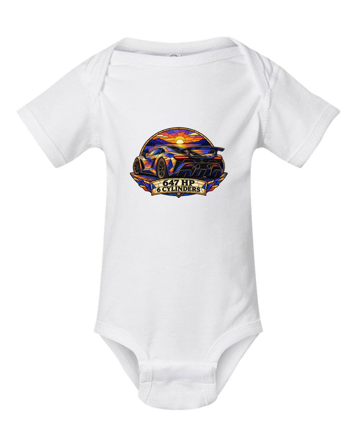 Ford GT 2017-2022 buttress profile in a stained-glass geometric print white baby onesie front view with the design