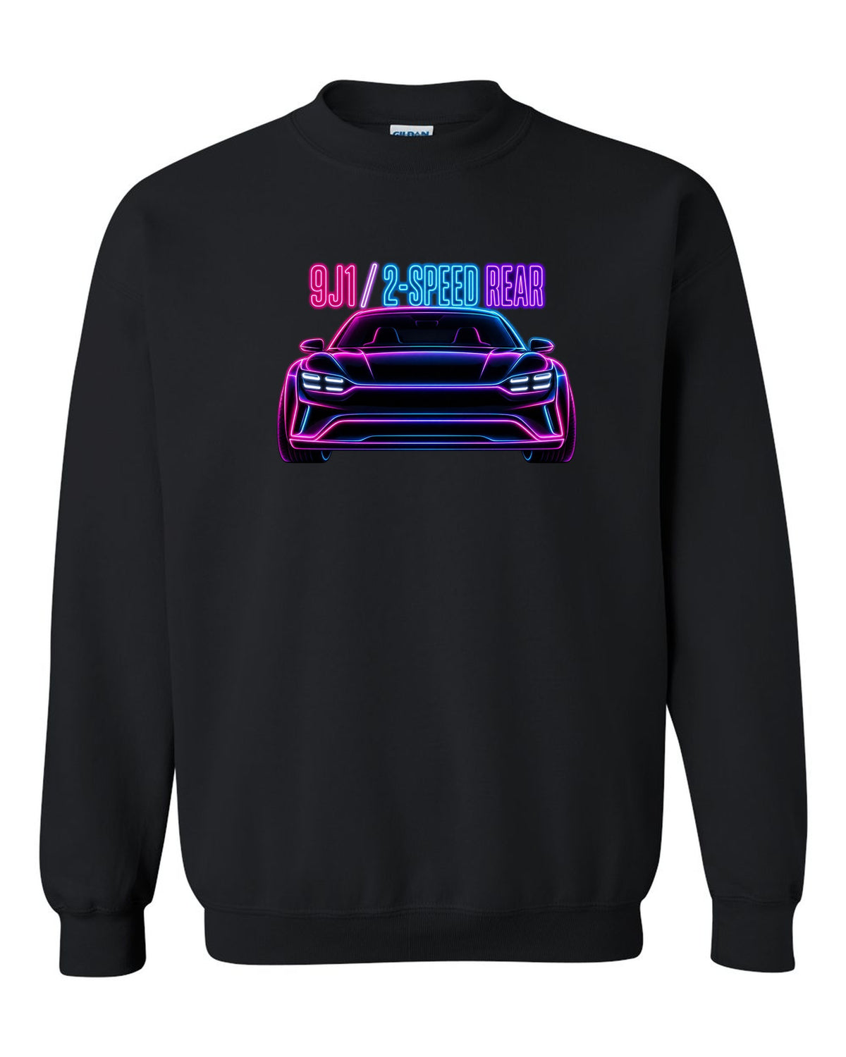 Porsche Taycan Turbo S 9J1 neon outline print with the text 9J1 2-speed rear black crewneck front view with the design