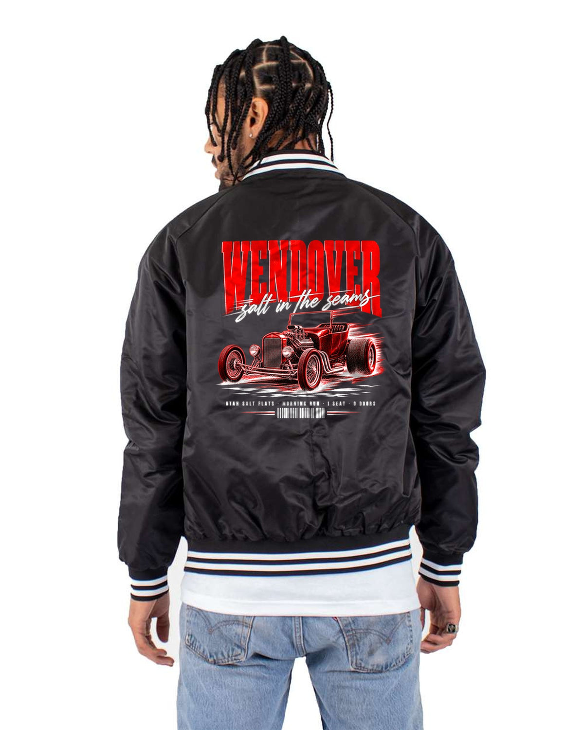 T-Bucket Hot Rod Wendover Salt Flats Poster Tee, Car Guy Gift Bomber Jacket Black back