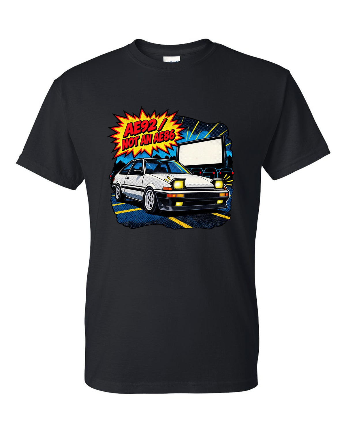 Comic halftone pop-art of a Toyota Corolla AE92 Trueno with the text AE92 Not an AE86 black t-shirt front view with the design