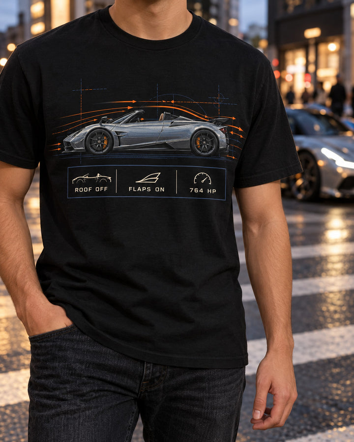 Huayra Roadster Aero Callouts Tee, Pagani Car Shirt T-Shirt Black worn hero