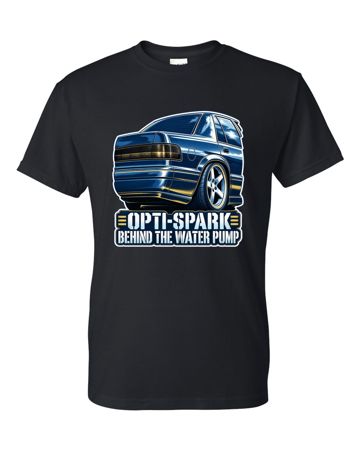 Blue cyanotype print of a 1994-96 Chevrolet Impala SS LT1 wheel with the text Opti-Spark Behind the Water Pump black t-shirt front view with the design