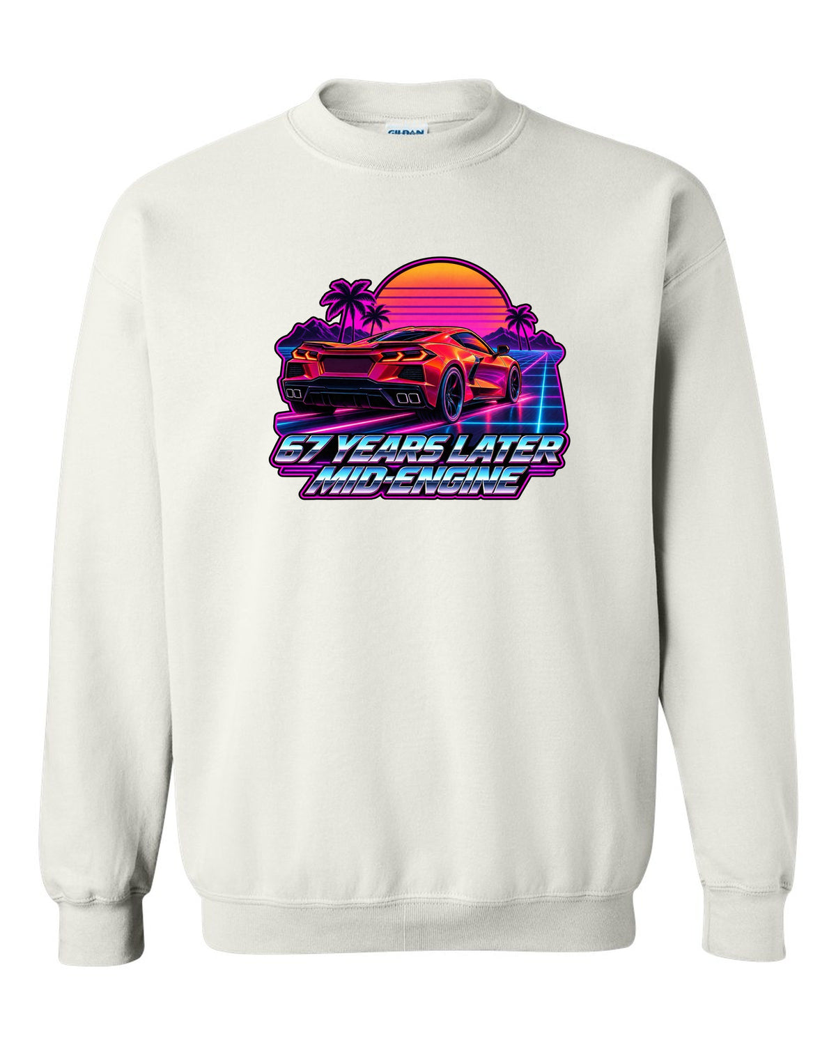 Spec-sheet data plate with overhead view of a 2023 C8 Corvette Z06 white crewneck front view with the design