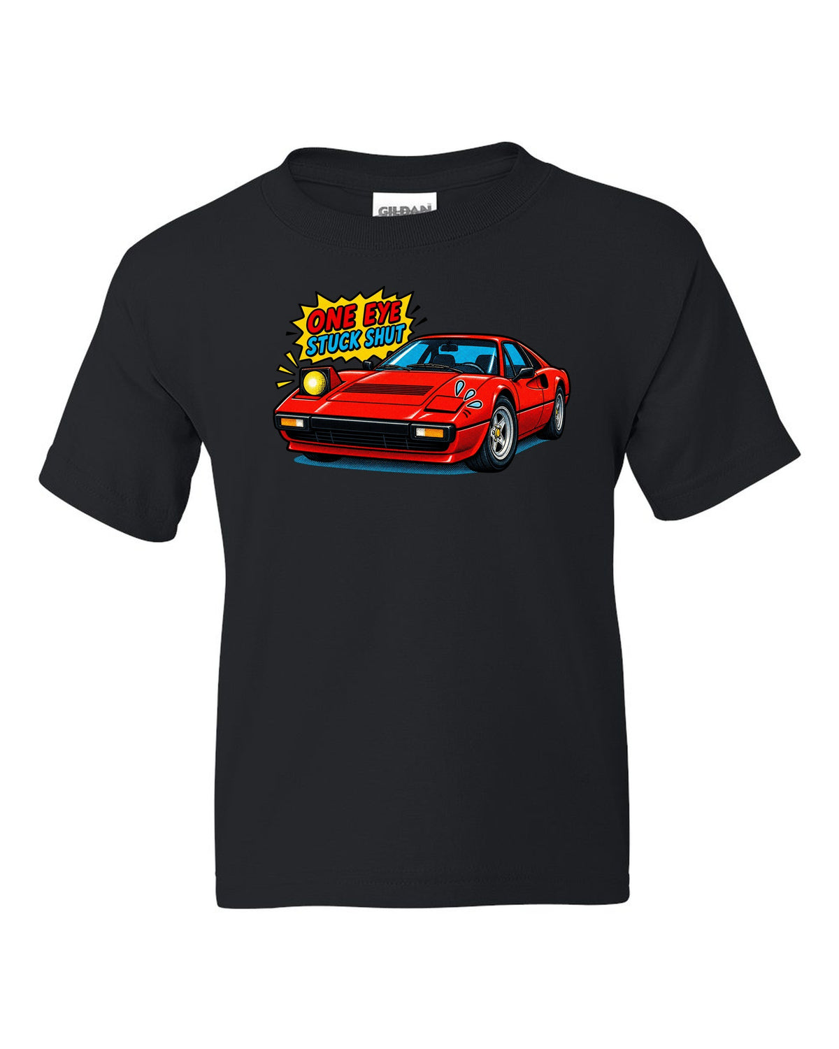 Comic halftone print of a Ferrari 308 GTB with one pop-up headlight stuck shut black kids tee front view with the design