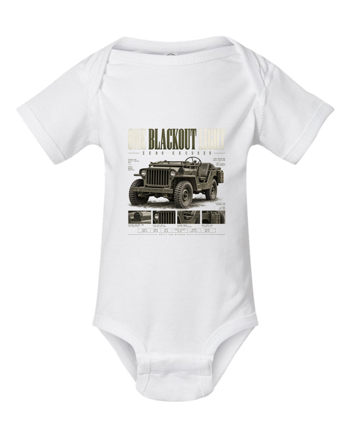Editorial headline print for the Willys MB blackout light, 1941-1945 white baby onesie front view with the design