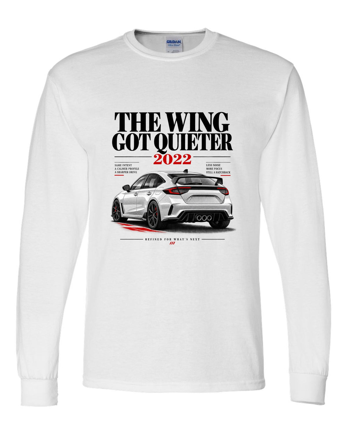 Honda Civic FL5 chback editorial headline design about the quieter rear wing white long sleeve front view with the design
