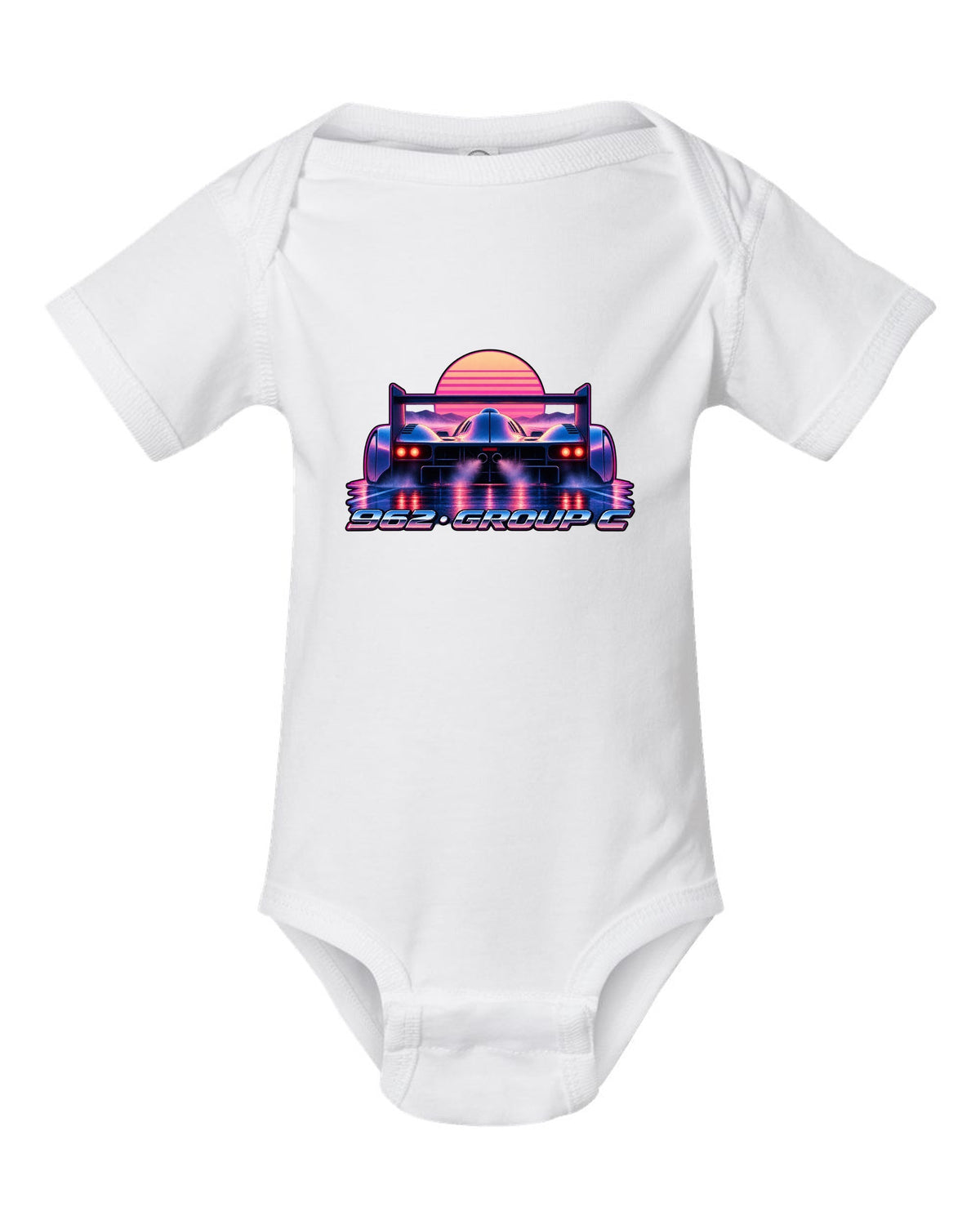 Synthwave gradient print of a Porsche 962 Group C long tail in dawn mist white baby onesie front view with the design