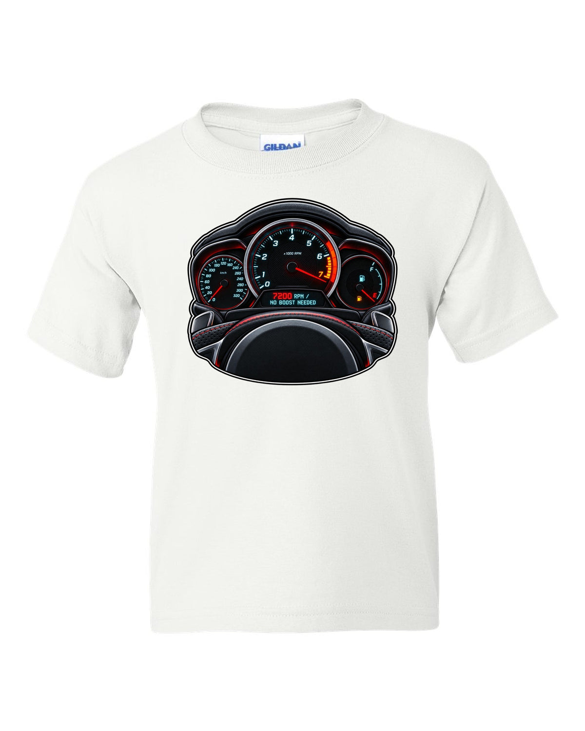 Gauge-cluster HUD print for a Mercedes C63 AMG W204 with 7200 RPM white kids tee front view with the design