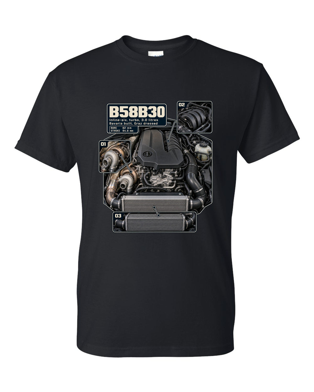 Engine hero print of the BMW B58B30 inline-six from the Z4 M40i black t-shirt front view with the design