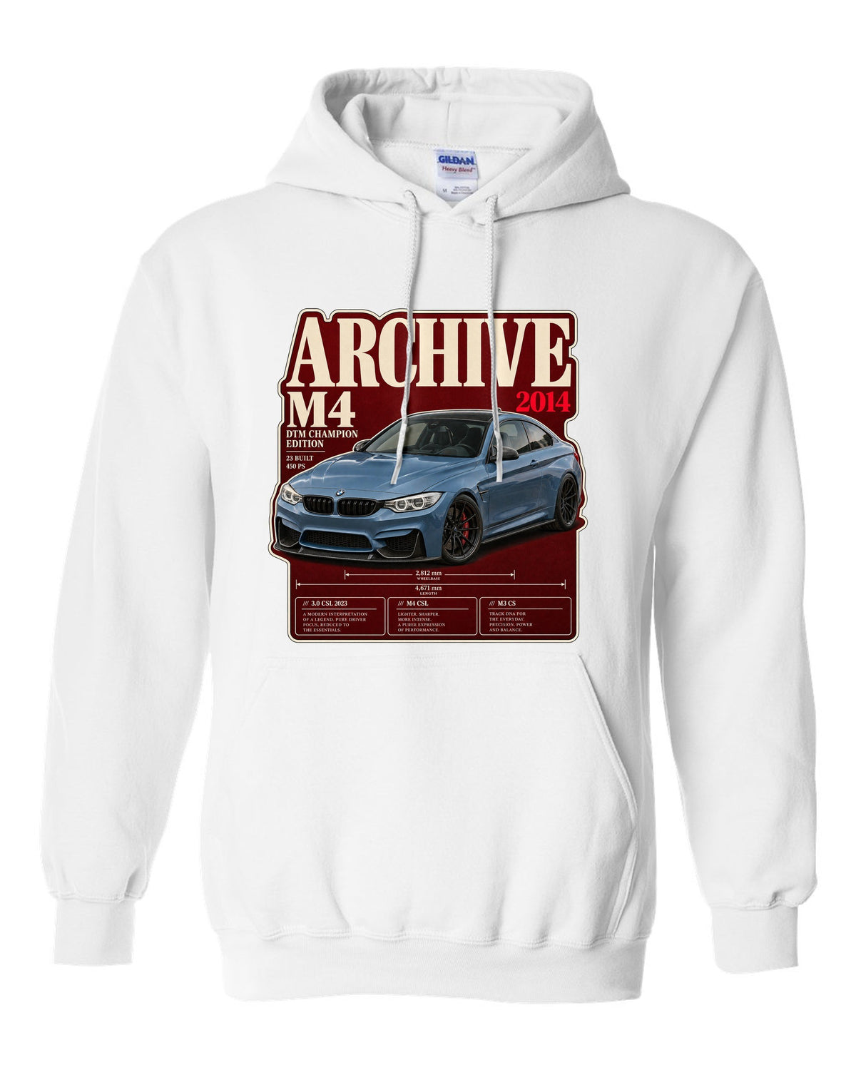BMW M4 DTM Champion Edition F82 archive panel print white pull over hoodie front view with the design