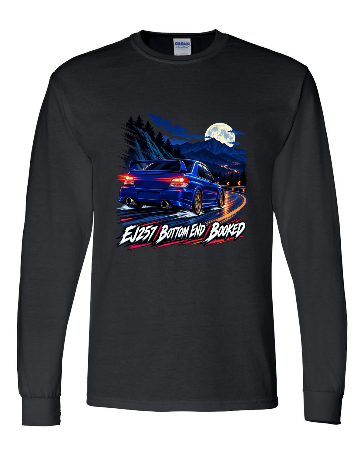 Racing-stripe livery print of a Subaru Impreza WRX GDB Blobeye black long sleeve front view with the design