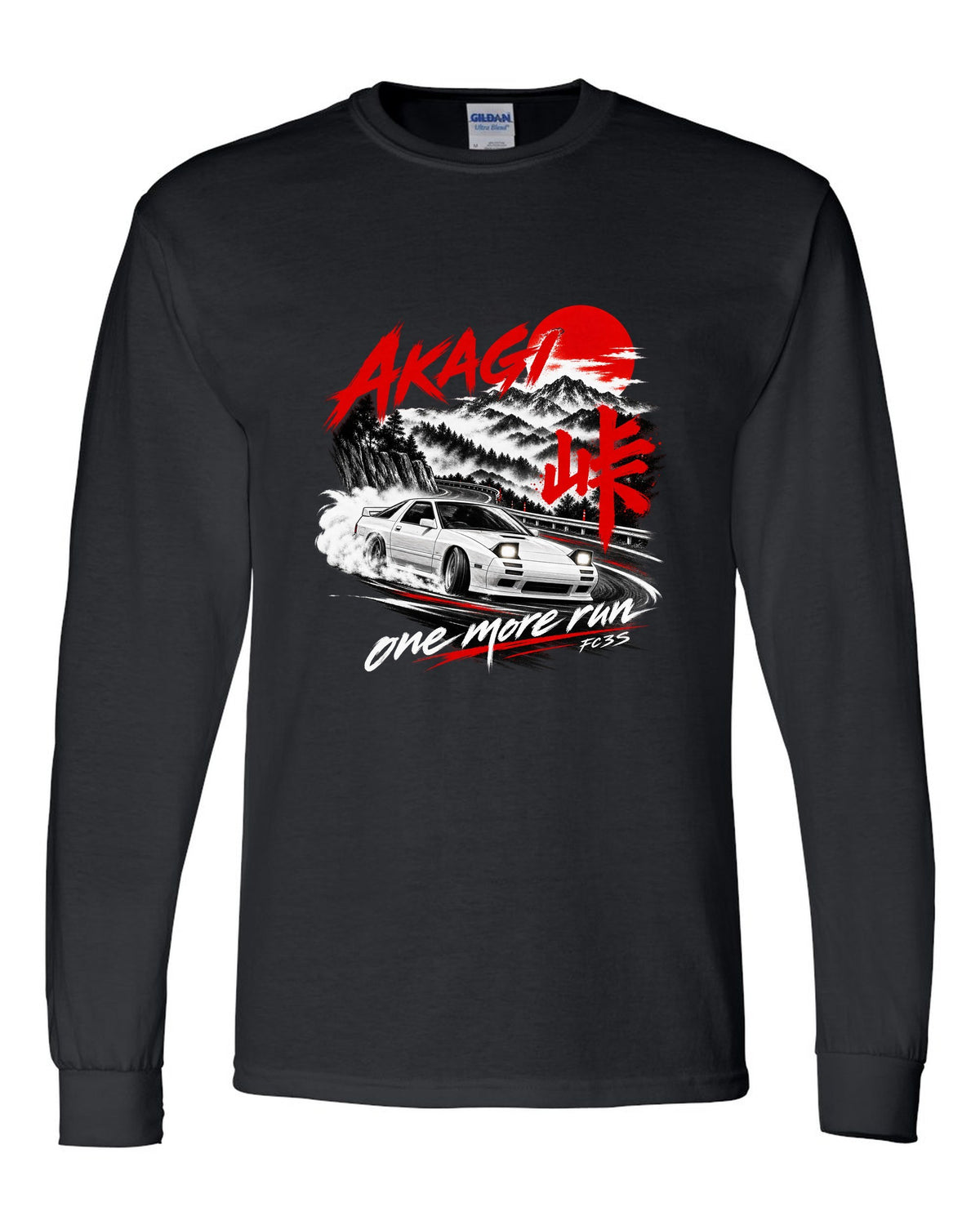 Night print of a Mazda RX-7 FC3S on Akagi with one more run lettering black long sleeve front view with the design