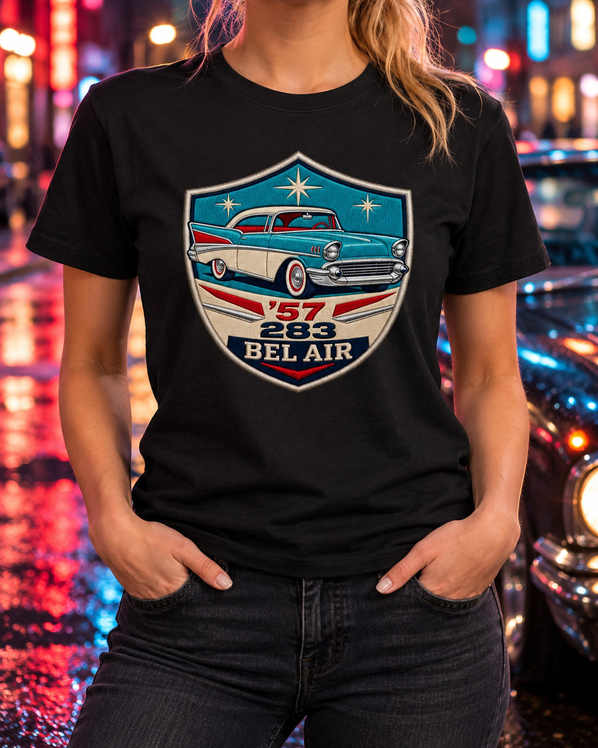 Chevrolet Bel Air 1957 283 Shield Crest Car Guy Shirt T-Shirt Black worn hero