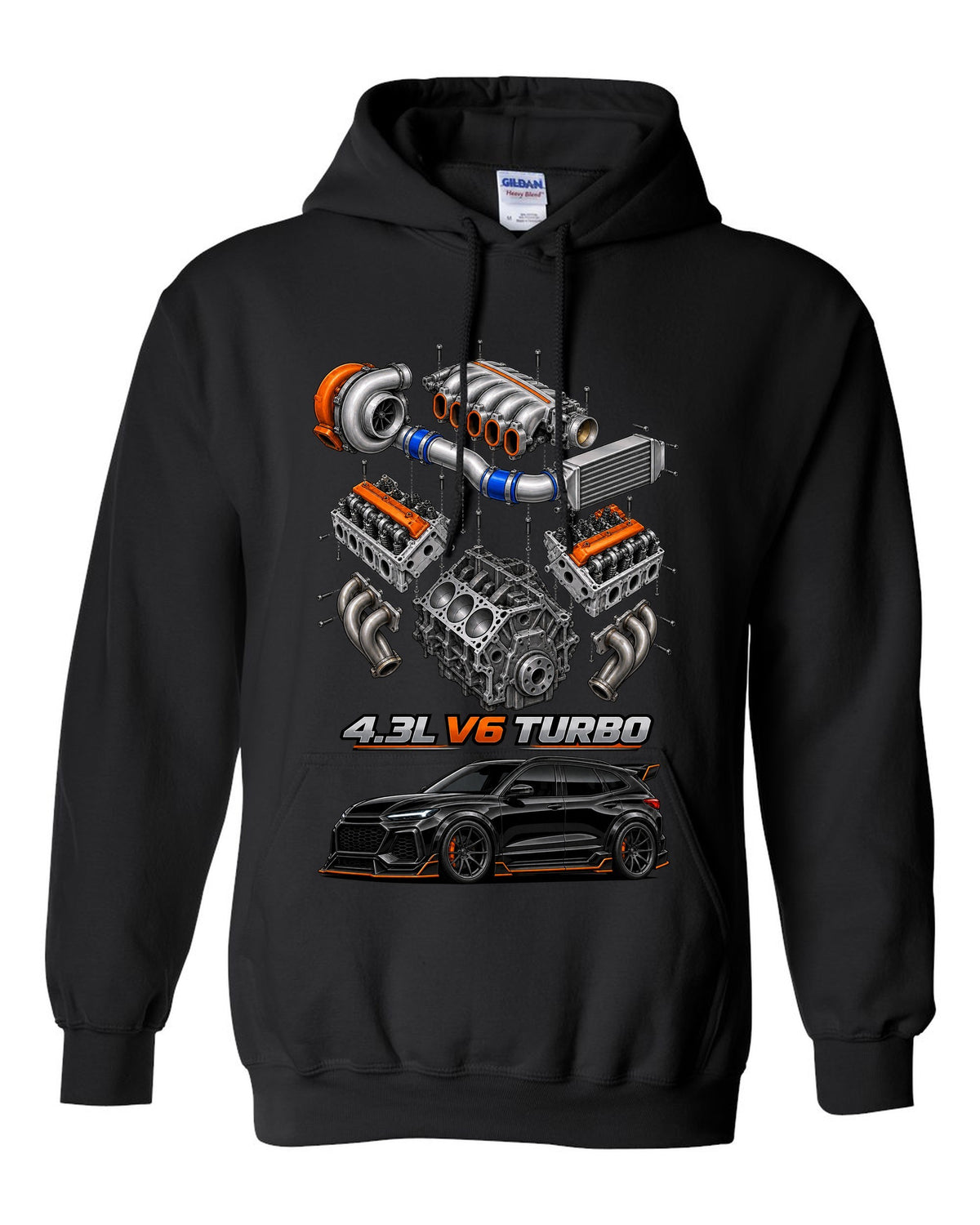 Exploded cutaway drawing of the 4.3L turbo V6 engine in a 1992-93 GMC Typhoon, printed on a shirt back black pull over hoodie front view with the design