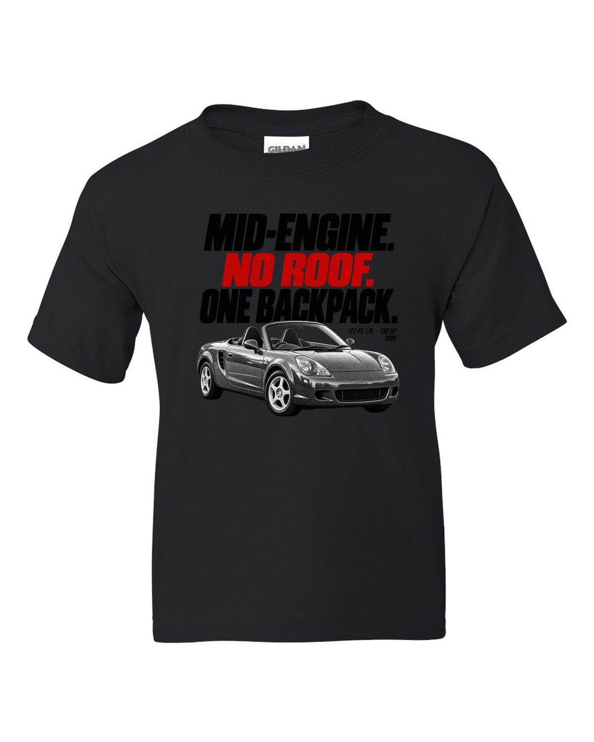 Halftone print of a Toyota MR2 Spyder W30 MR-S with the text Mid-Engine No Roof One Backpack black kids tee front view with the design