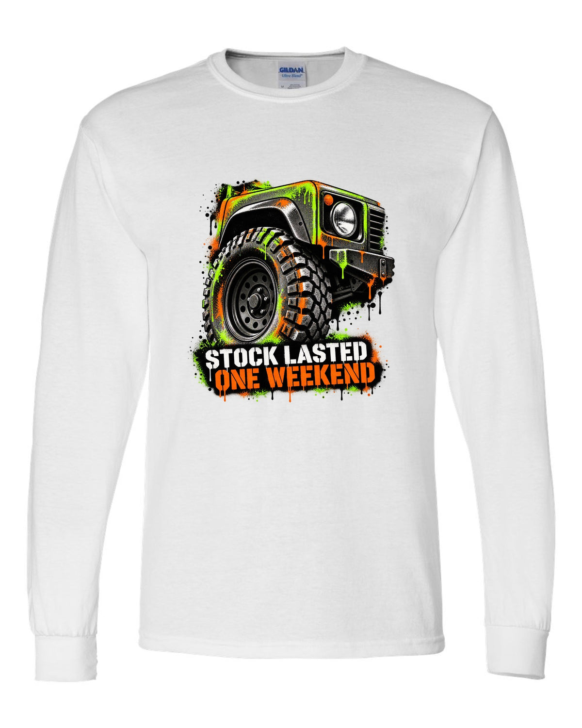 Jeep Wrangler TJ stencil spray street art design reading stock lasted one weekend white long sleeve front view with the design