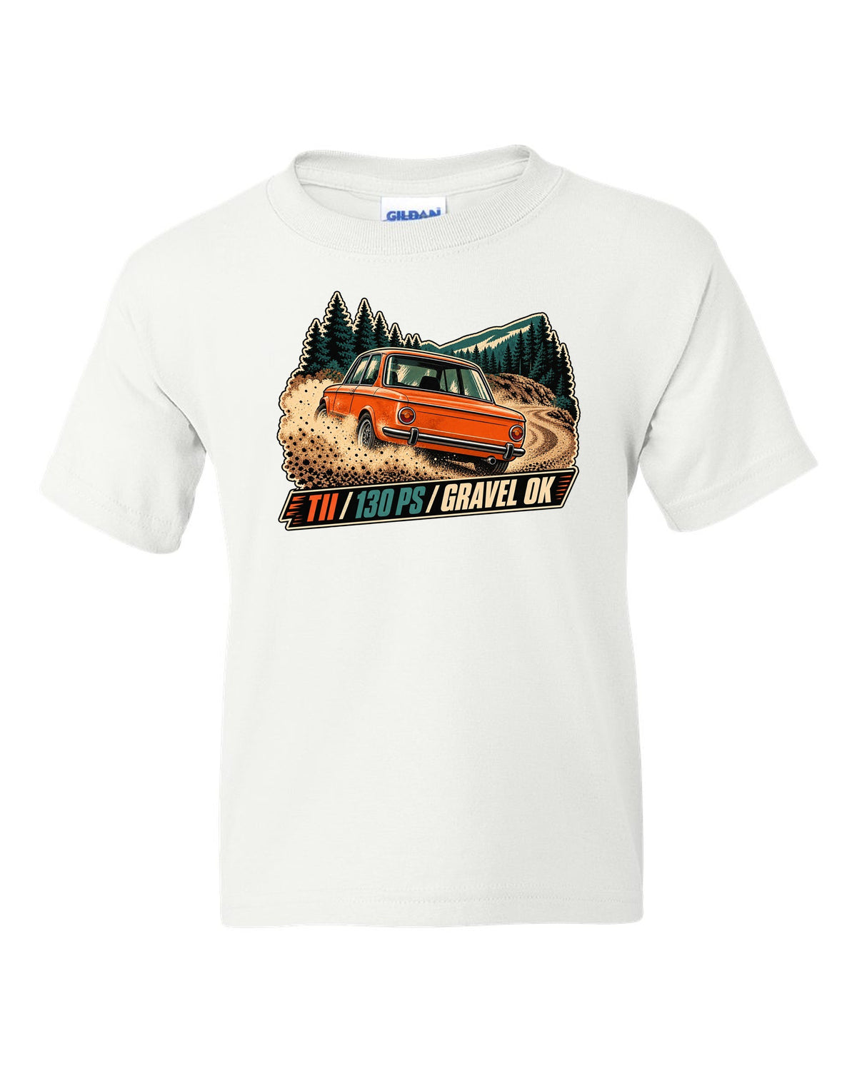 BMW 2002 tii vintage hillclimb race poster print with 130 PS text white kids tee front view with the design