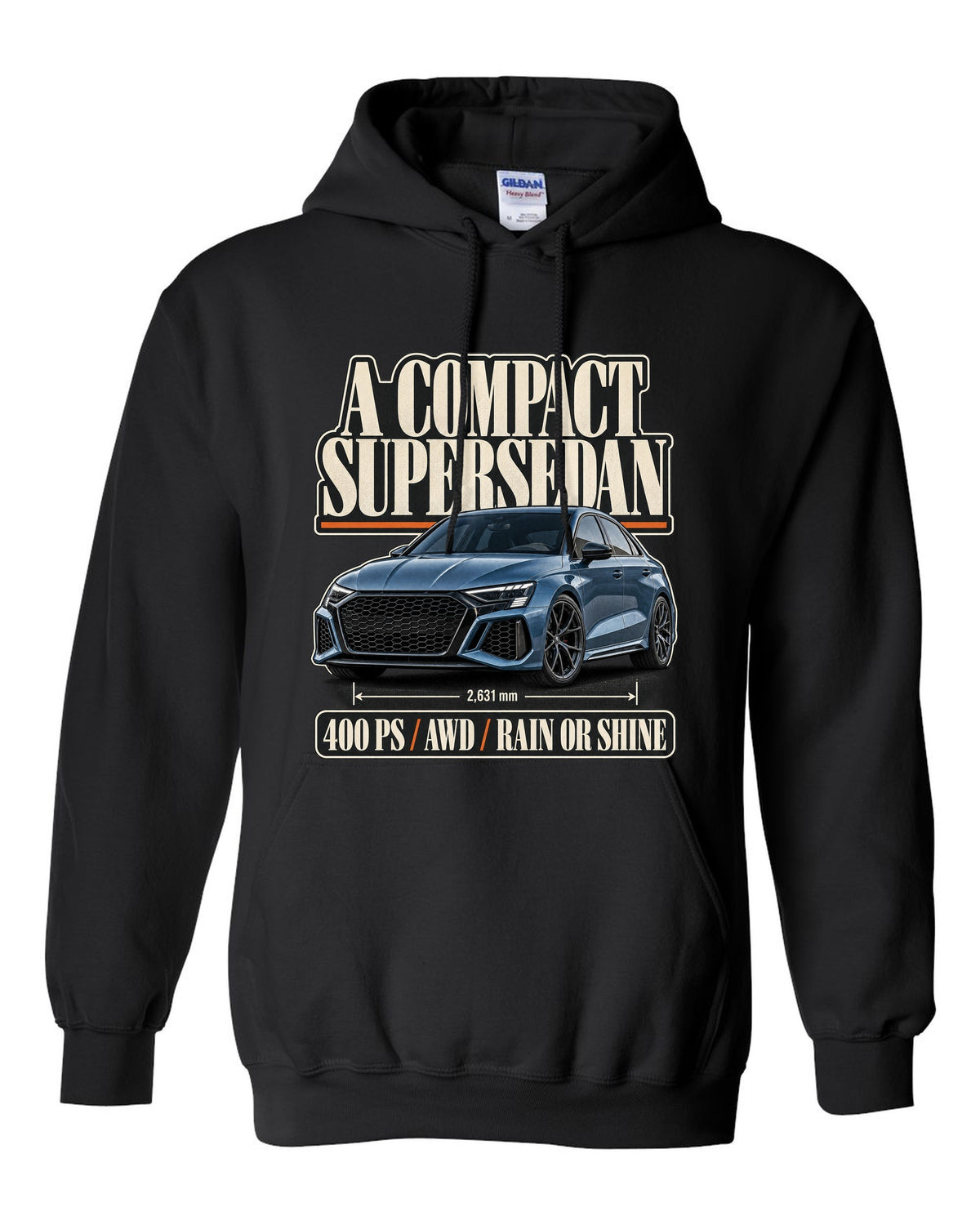 Editorial headline layout for the Audi RS3 8Y sedan, steel blue black pull over hoodie front view with the design