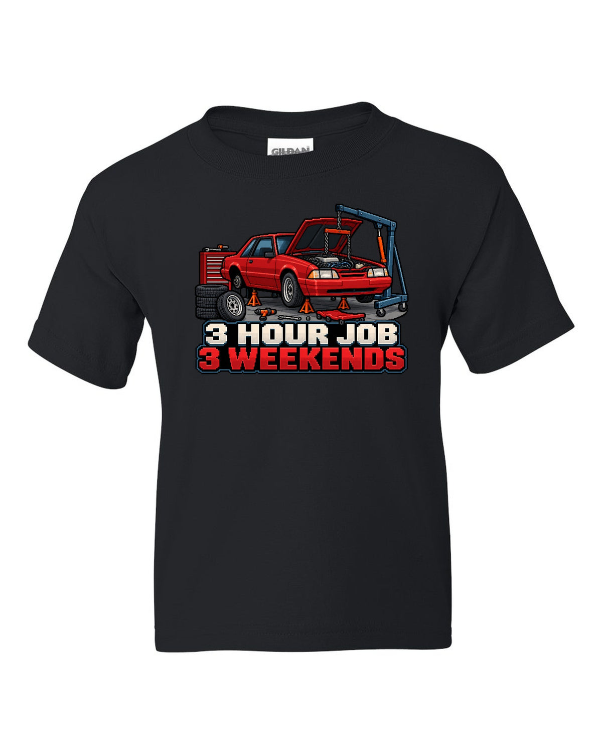 16-bit pixel art print of a 1989 Ford Mustang Fox Body notchback in a workshop black kids tee front view with the design