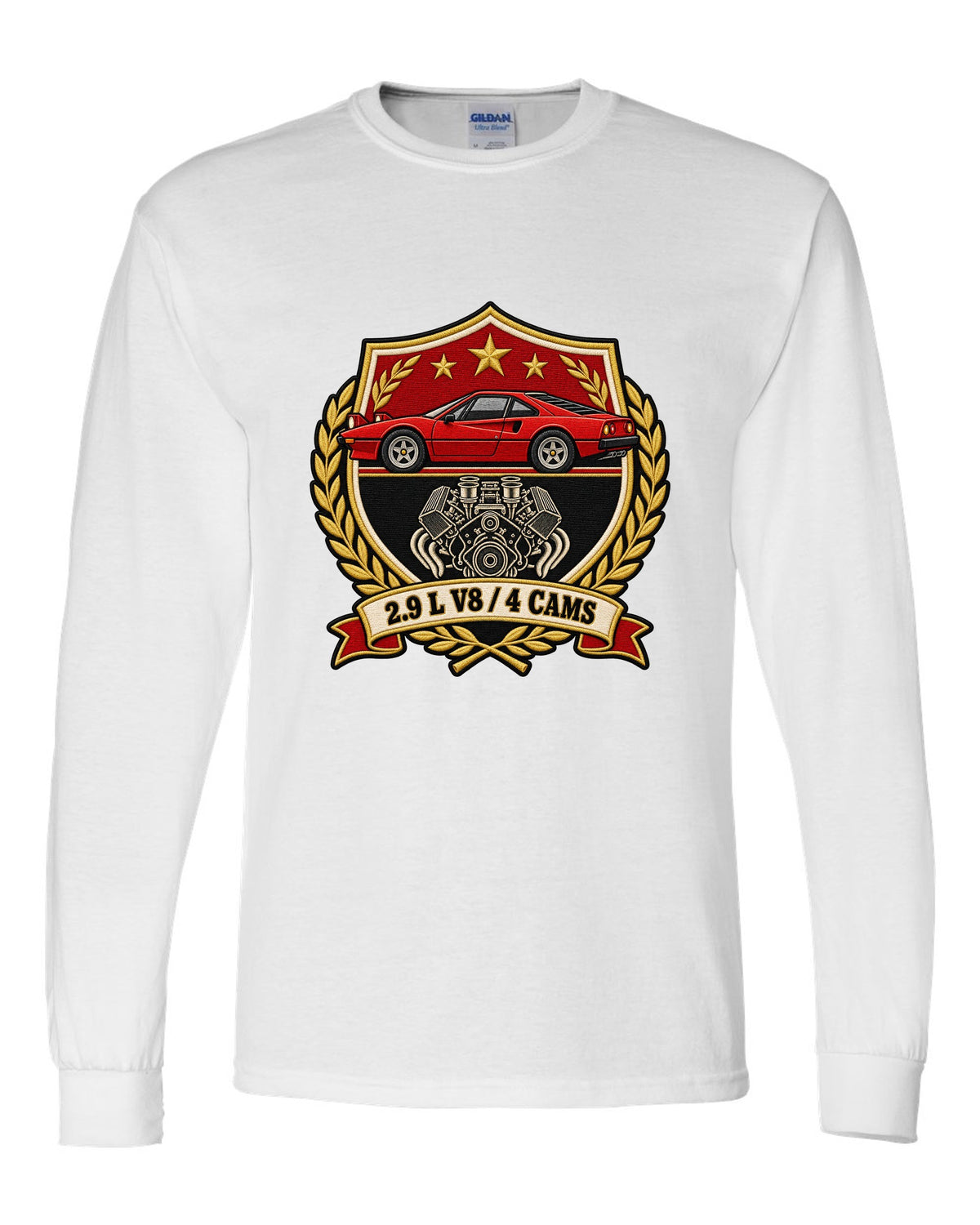 Varsity crest print for the Ferrari 308 GTB with the text 2.9 L V8, 4 cams white long sleeve front view with the design