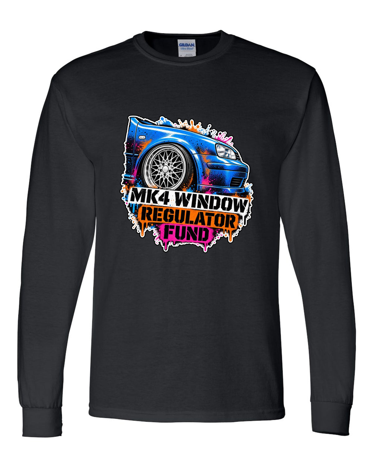 Stencil spray print of a VW Golf Mk4 with mesh wheels and window regulator fund text black long sleeve front view with the design