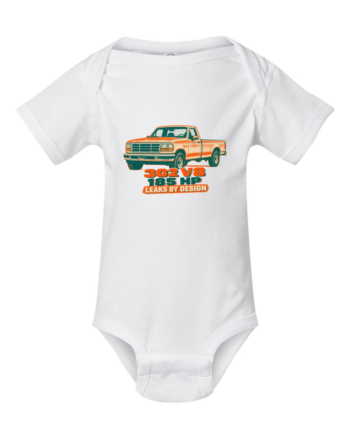 Risograph-style art of a 1992-97 Ford F-150 OBS tailgate in mud with 302 V8 185 HP lettering white baby onesie front view with the design