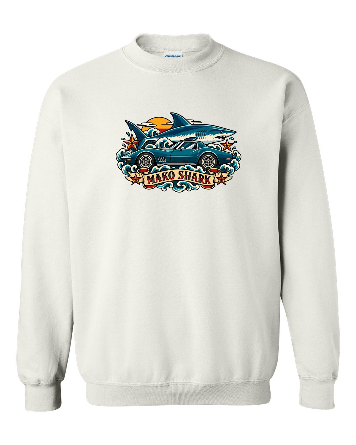 Retro tattoo flash print of a 1968 Chevrolet Corvette C3 Stingray with Mako Shark lettering white crewneck front view with the design