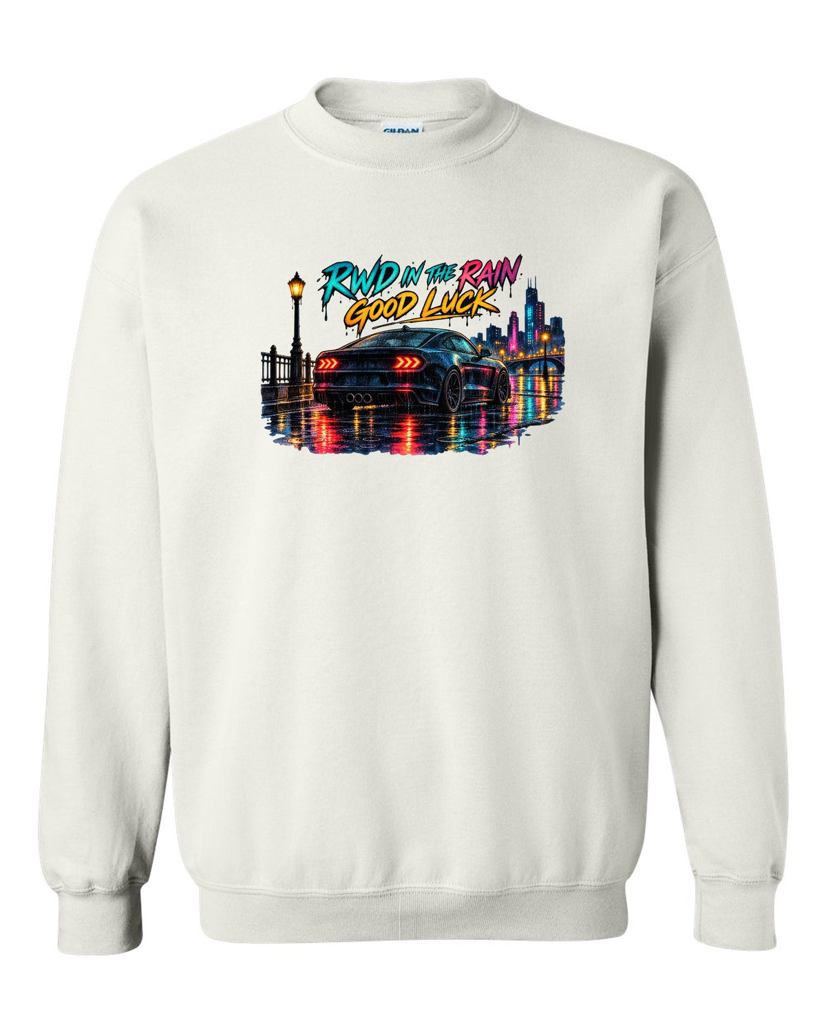 Hyundai Genesis Coupe BK2 watercolour wet road night print with RWD in the rain text white crewneck front view with the design