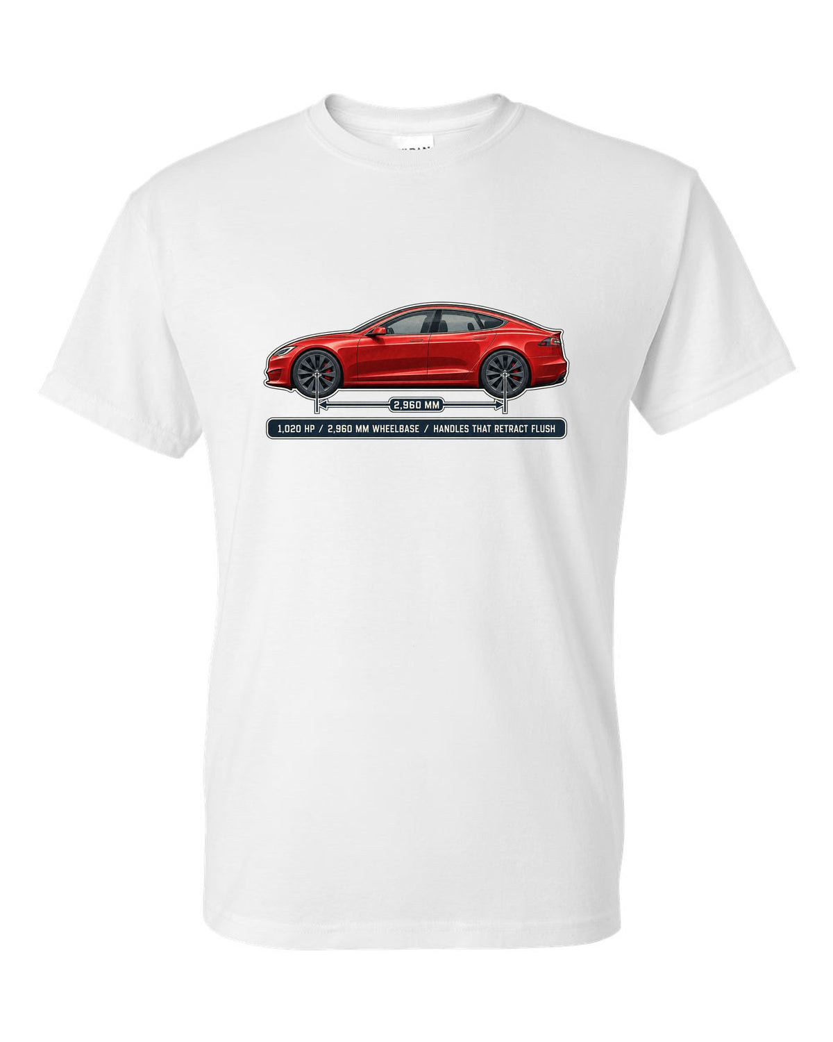 Tesla Model S Plaid Dimension Blueprint white t-shirt front view with the design