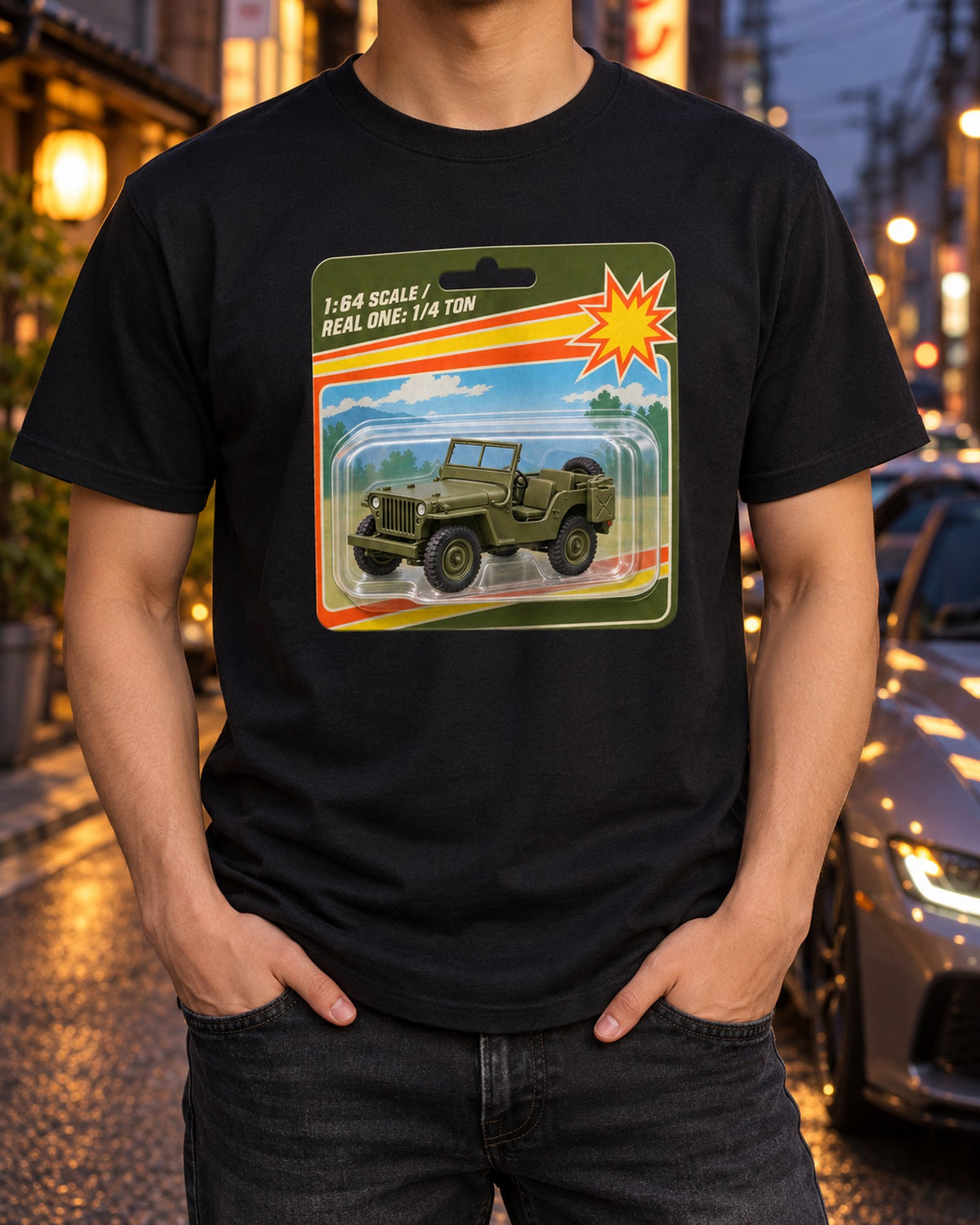 Willys MB Blister Pack Toy Card Tee, 1:64 Scale Jeep Gift T-Shirt Black worn hero