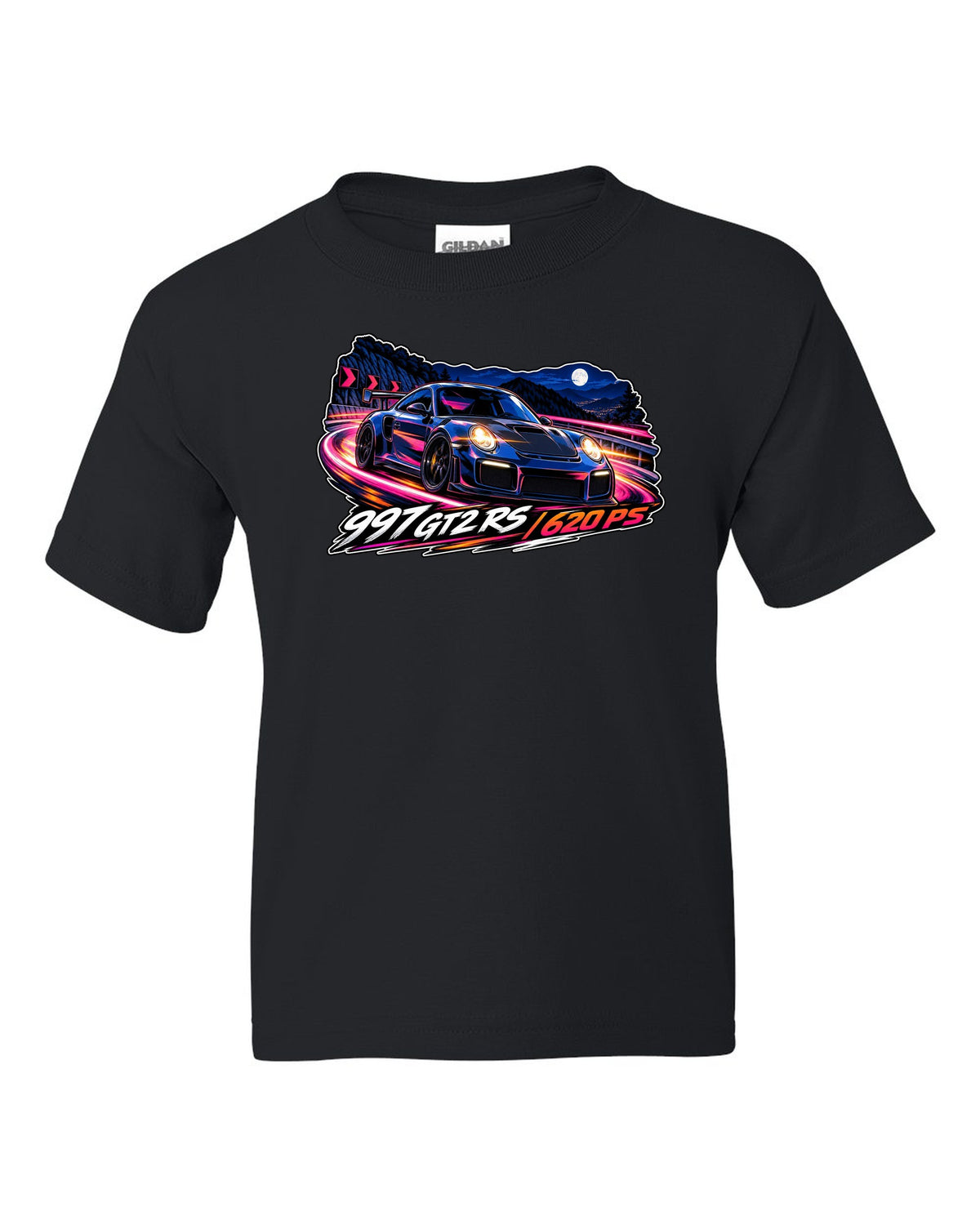 Cel-shaded anime night touge design featuring the Porsche 997 GT2 RS with 620 PS lettering black kids tee front view with the design