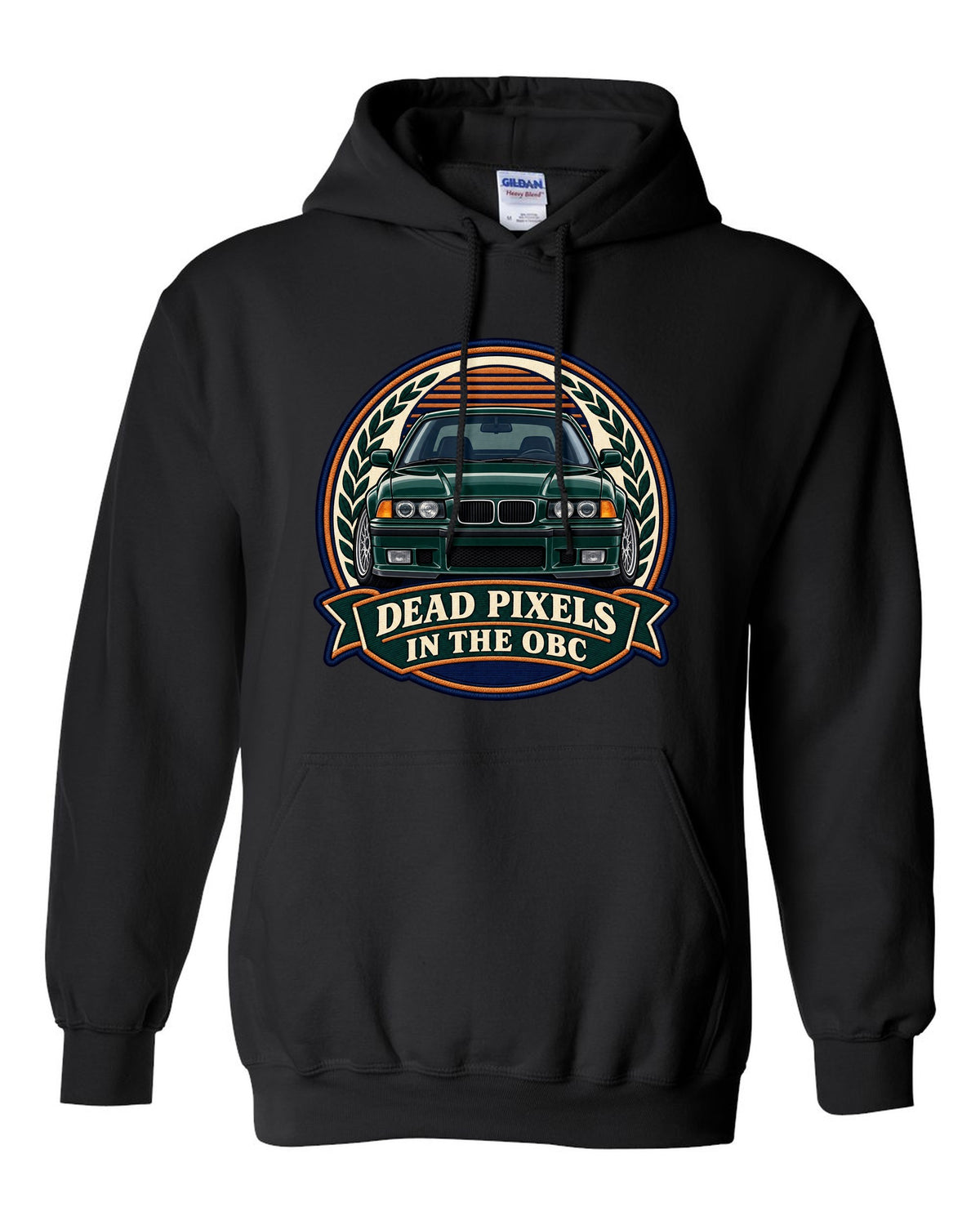 Varsity crest style print of a BMW E36 M3 coupe with dead pixels in the OBC text black pull over hoodie front view with the design